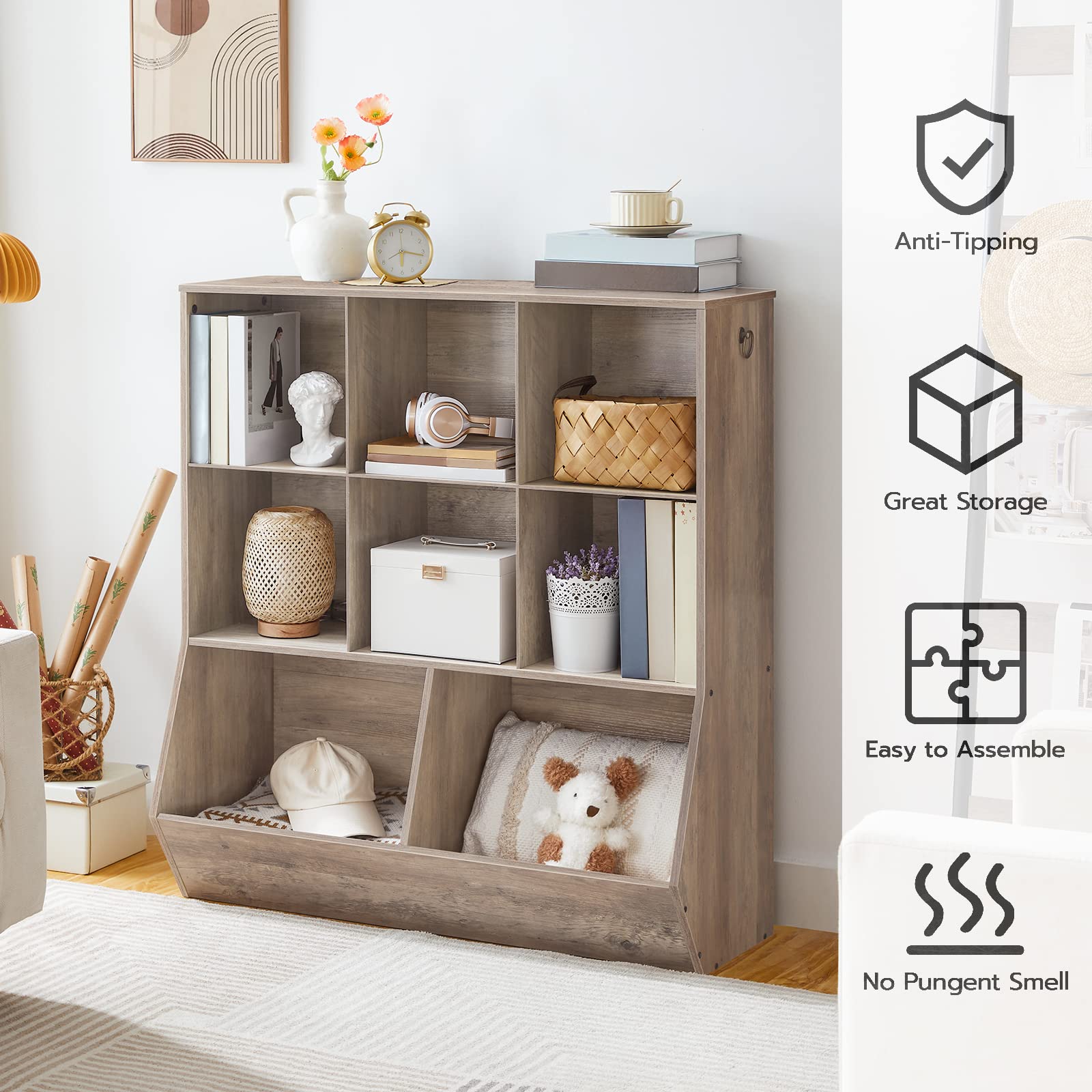 HOOBRO Kids Bookshelf and Toy Storage Organizer with 8 Cubicles, Greige BG35CW01G1 - Perfect for Playroom, Bedroom, Nursery & School Organization