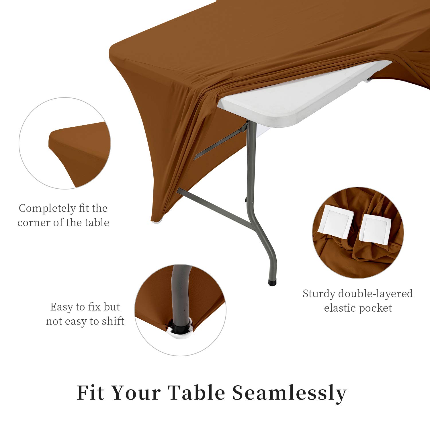ManMengJi 6 ft Spandex Table Cover - Stretchable Fitted Tablecloth for Standard Folding Tables, Universal Rectangular Tablecloth for Wedding, Banquet, Party & Events (Brown) - Perfect for Indoor & Outdoor Decorations, Catering, and Home Dining