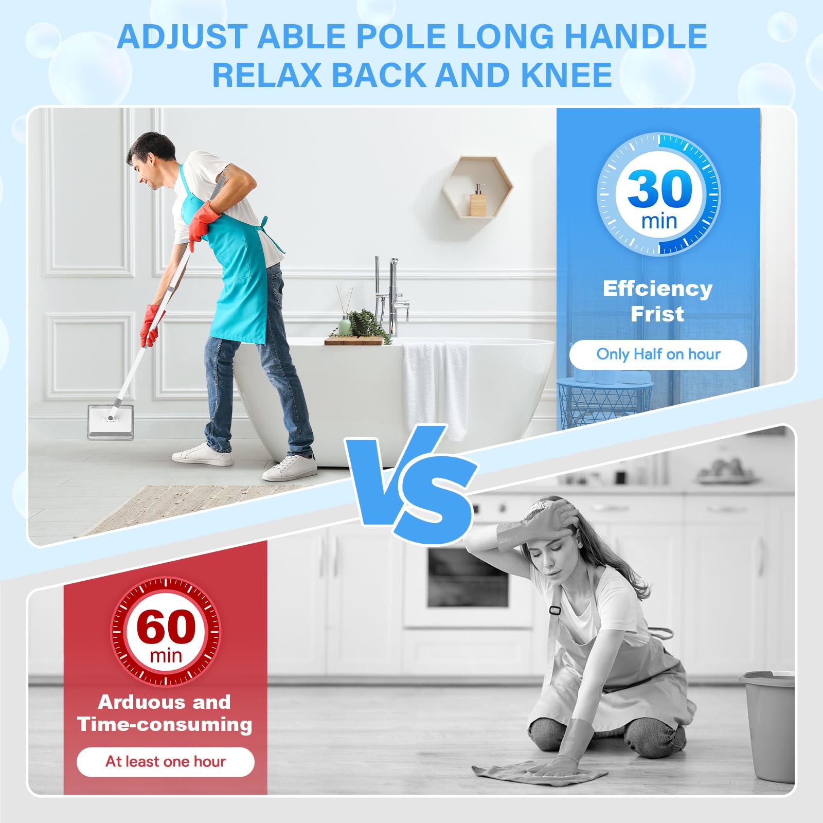 Deluxe Extendable Baseboard Cleaner with Long Handle - 4 Reusable Cleaning Pads for Walls, Ceilings, Floors - Perfect for Bathroom, Kitchen & Shower Cleaning - Multi-Surface Cleaning Tool for Home & Office