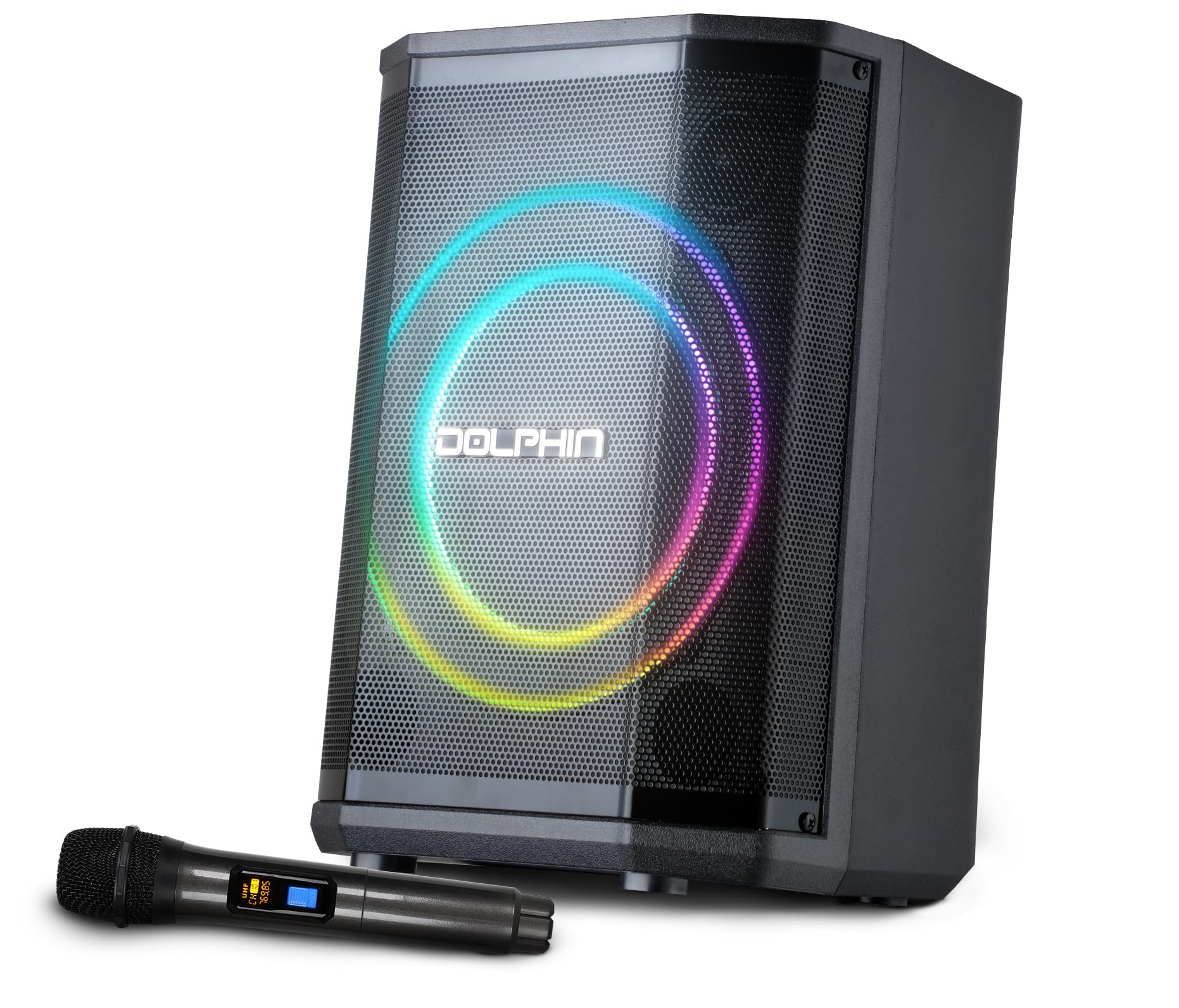 Dolphin Rechargeable Portable Bluetooth Speaker with 3D LED Ring Light, TWS Pairing, Wireless Mic & Multiple Playback Modes - Perfect for Parties, Karaoke, Outdoor Events & On-The-Go Entertainment