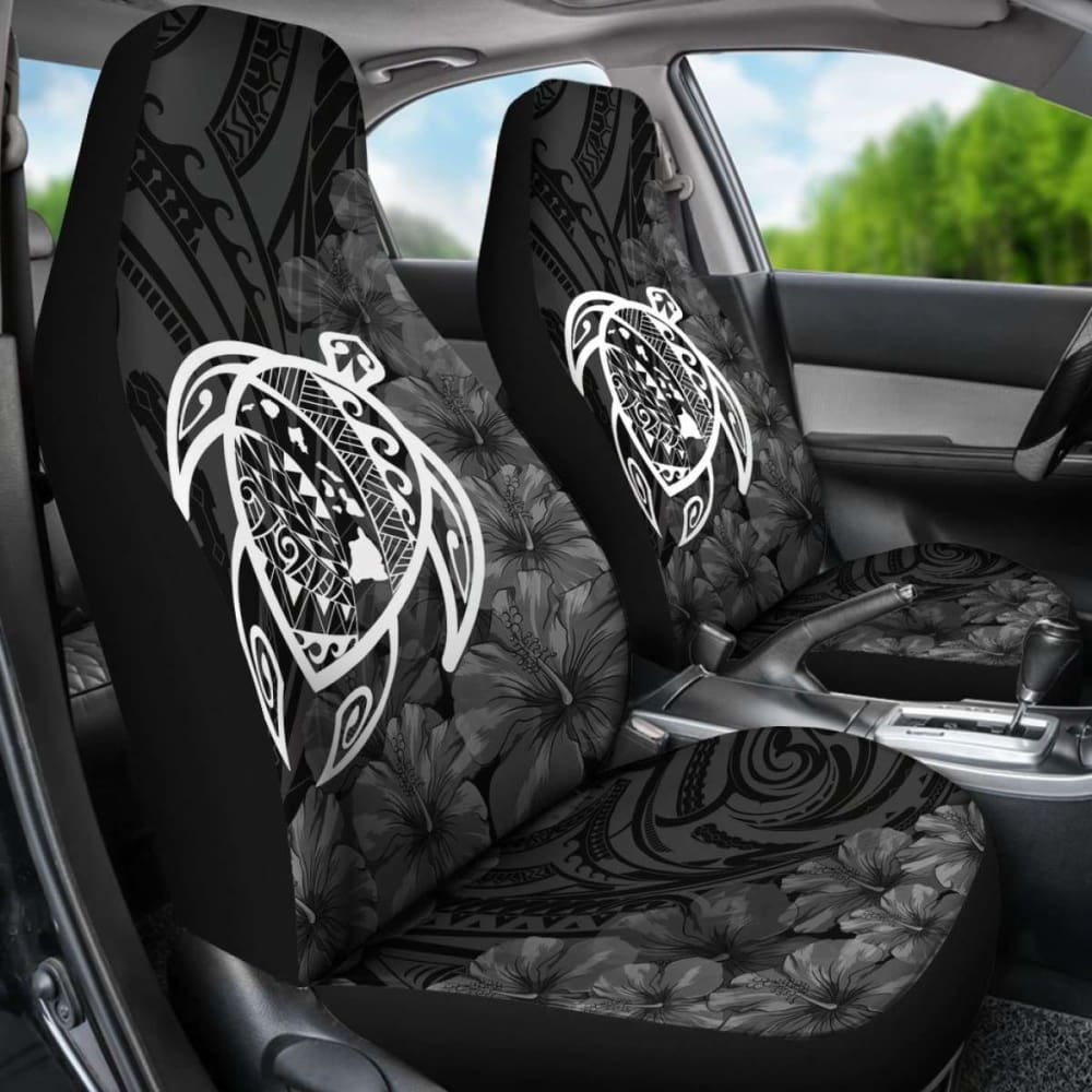 Alohawaii Car Seat Covers - Hawaiian Turtle Map & Hibiscus Print Polyester White Seat Protectors | Perfect for Beach Trips & Tropical-Themed Vehicles