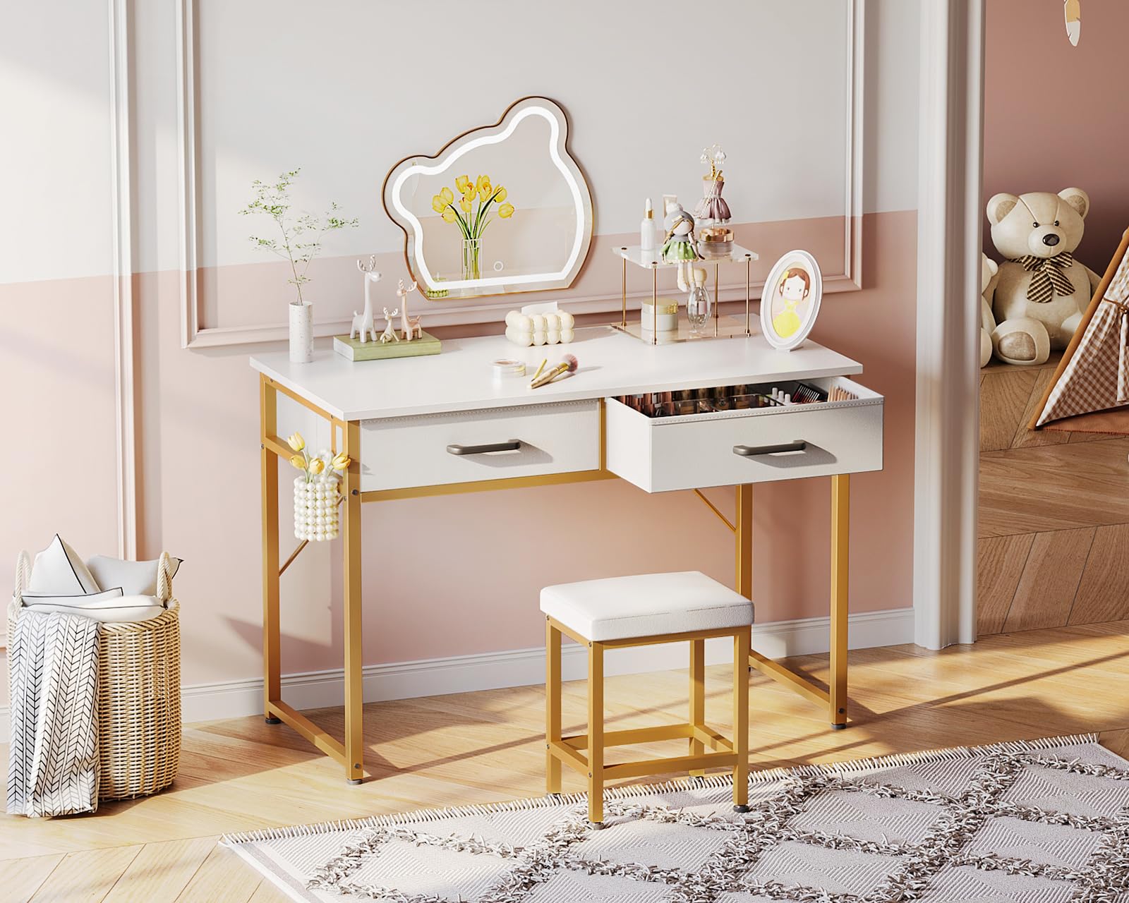 AODK 40 Inch Small Vanity Desk with Stool - No Mirror Makeup Table with 2 Fabric Drawers & Steel Hook - Elegant White and Gold Vanity Table for Girls Bedroom | Perfect for Makeup Organization, Dressing Area & Small Space Decor