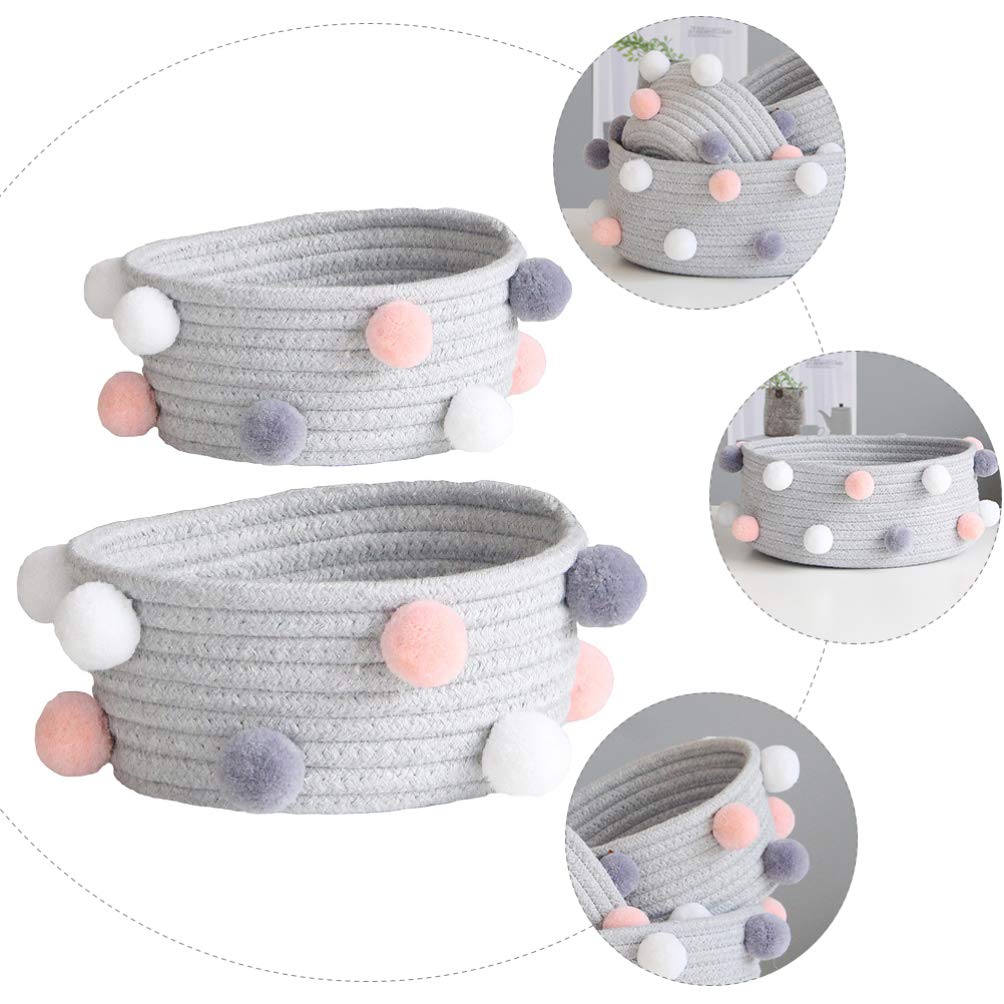 Cabilock 2-Piece Round Woven Pompom Basket Set - Small Fabric Storage Bins for Cosmetics, Clothes & Baby Items | Braided Plush Organizer for Closet, Nursery & Home Decor