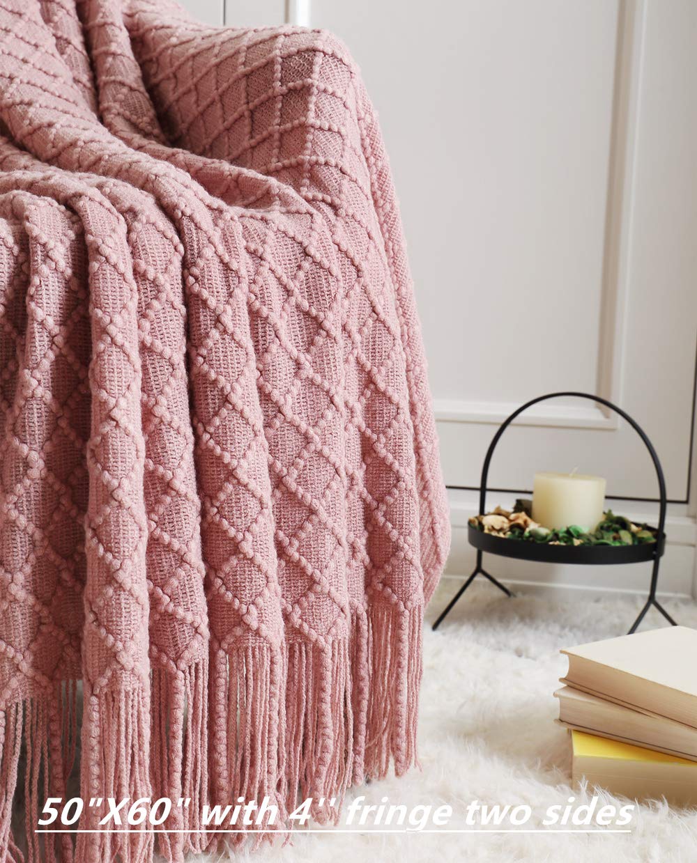 CREVENT Light Blush Pink Knit Throw Blanket - Soft & Cozy 50
