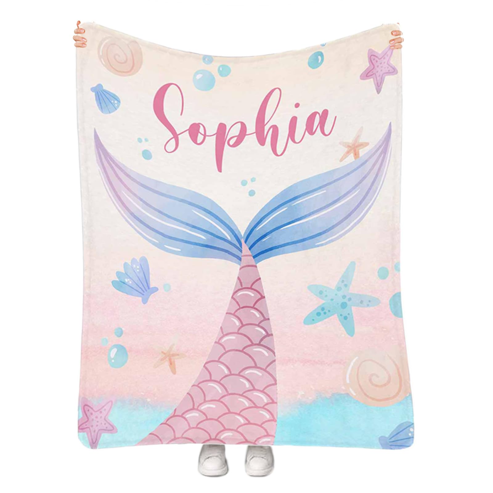 Custom Name Mermaid Tail Blanket for Girls - Personalized Fleece Swaddle & Throw Blanket for Kids, Newborns, Toddlers - 60