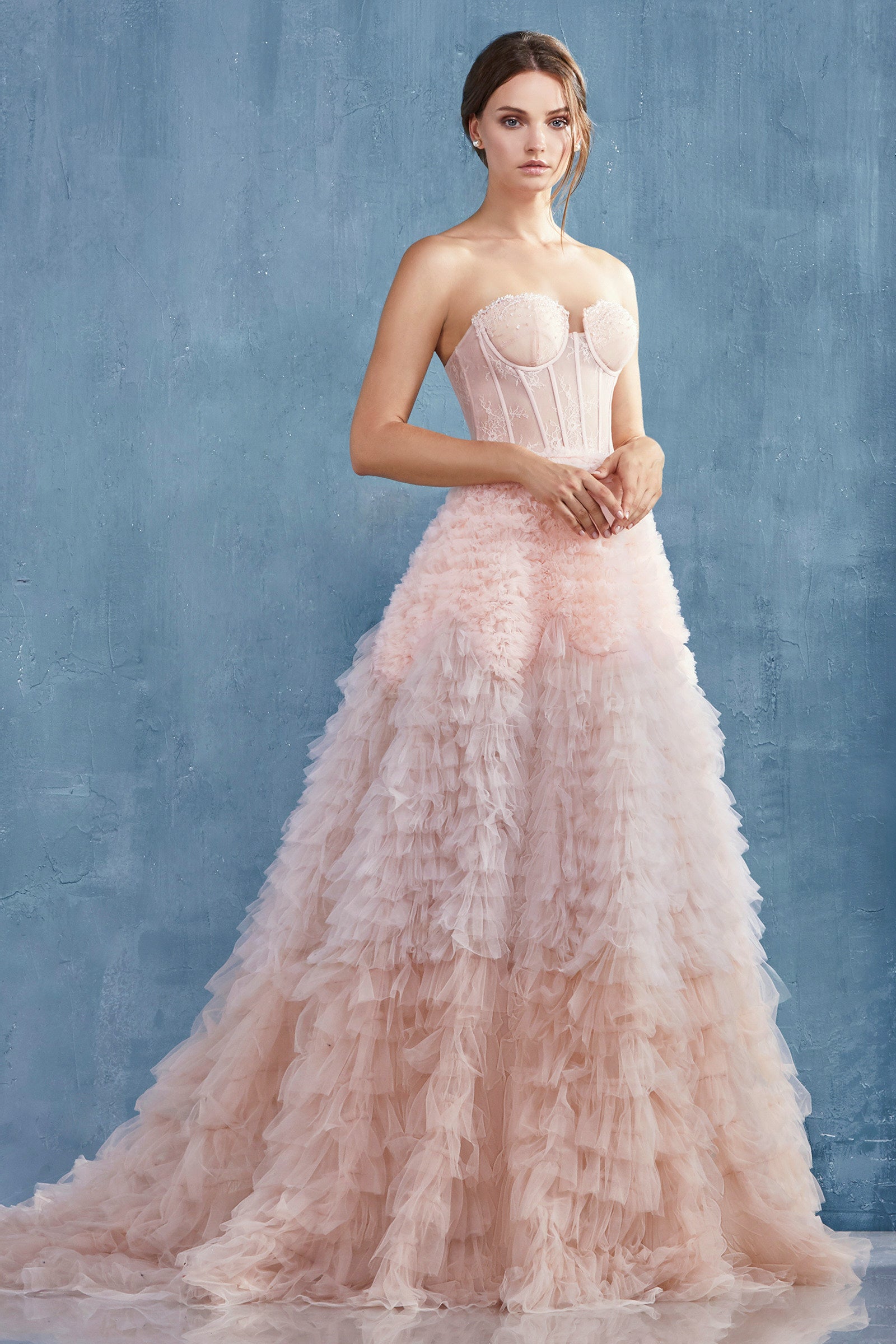 Strapless Faux Corset with Ruffled Ombre Ball Gown - Andrea & Leo Wedding Dress for Prom, Evening Gala & Special Occasions