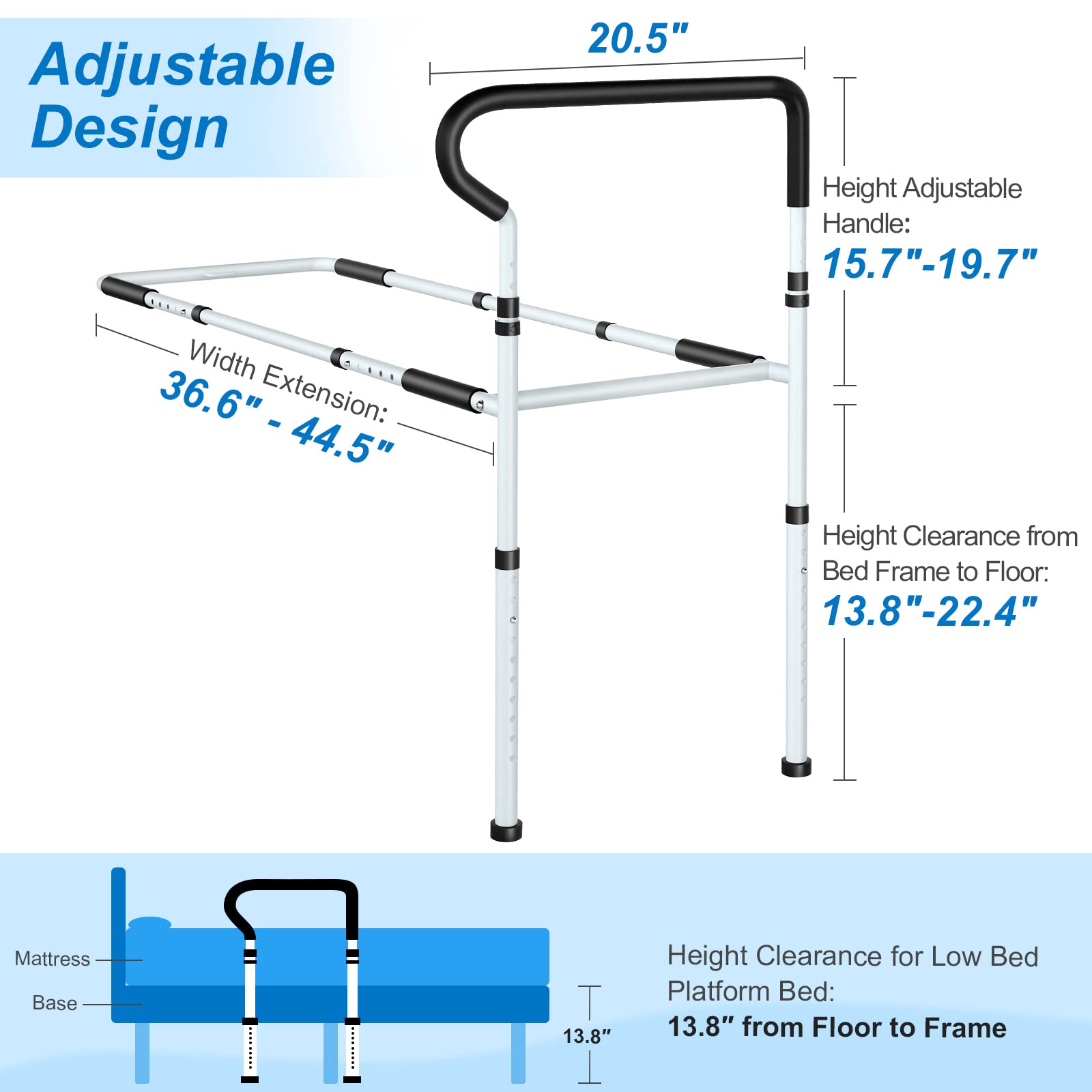 **KingPavonini Adjustable Bed Rails for Elderly Adults - Non-Slip Ergonomic Handle & Storage Pocket, Heavy-Duty Bed Assist Rail Holds 400 lbs, Tool-Free Assembly - Ideal for Seniors Safety & Mobility Support**