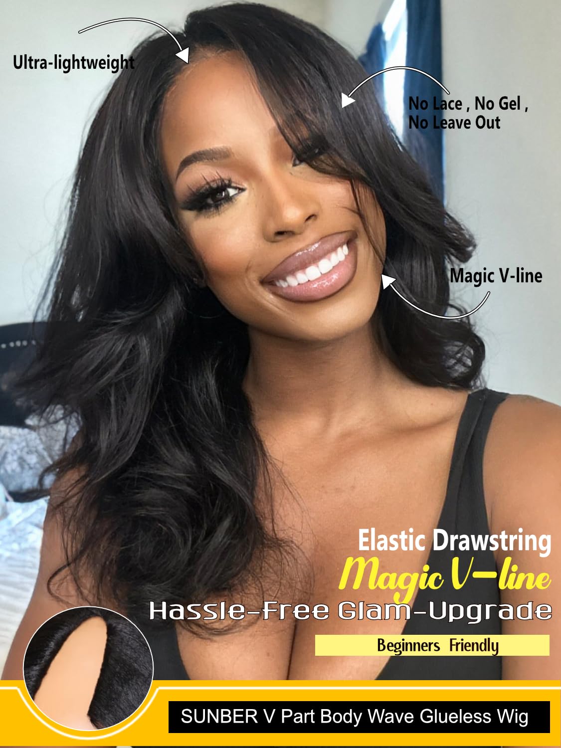 Sunber Body Wave V Part Human Hair Wigs - Glueless No Leave Out No Glue No Gel - 22 Inch Natural Black Color - Wear & Go Beginner Friendly - Perfect for Daily Wear, Parties & Special Occasions