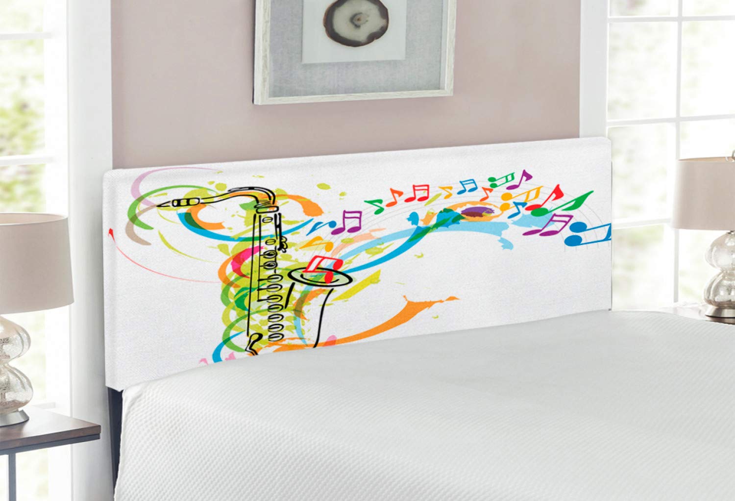 Ambesonne Music Headboard - Full Size Upholstered Metal Bed Frame with Memory Foam, Retro Boho Saxophone Design with Wavy Music Notes, Multicolor Decorative Headboard for Bedroom, Living Room or Music Studio Decor