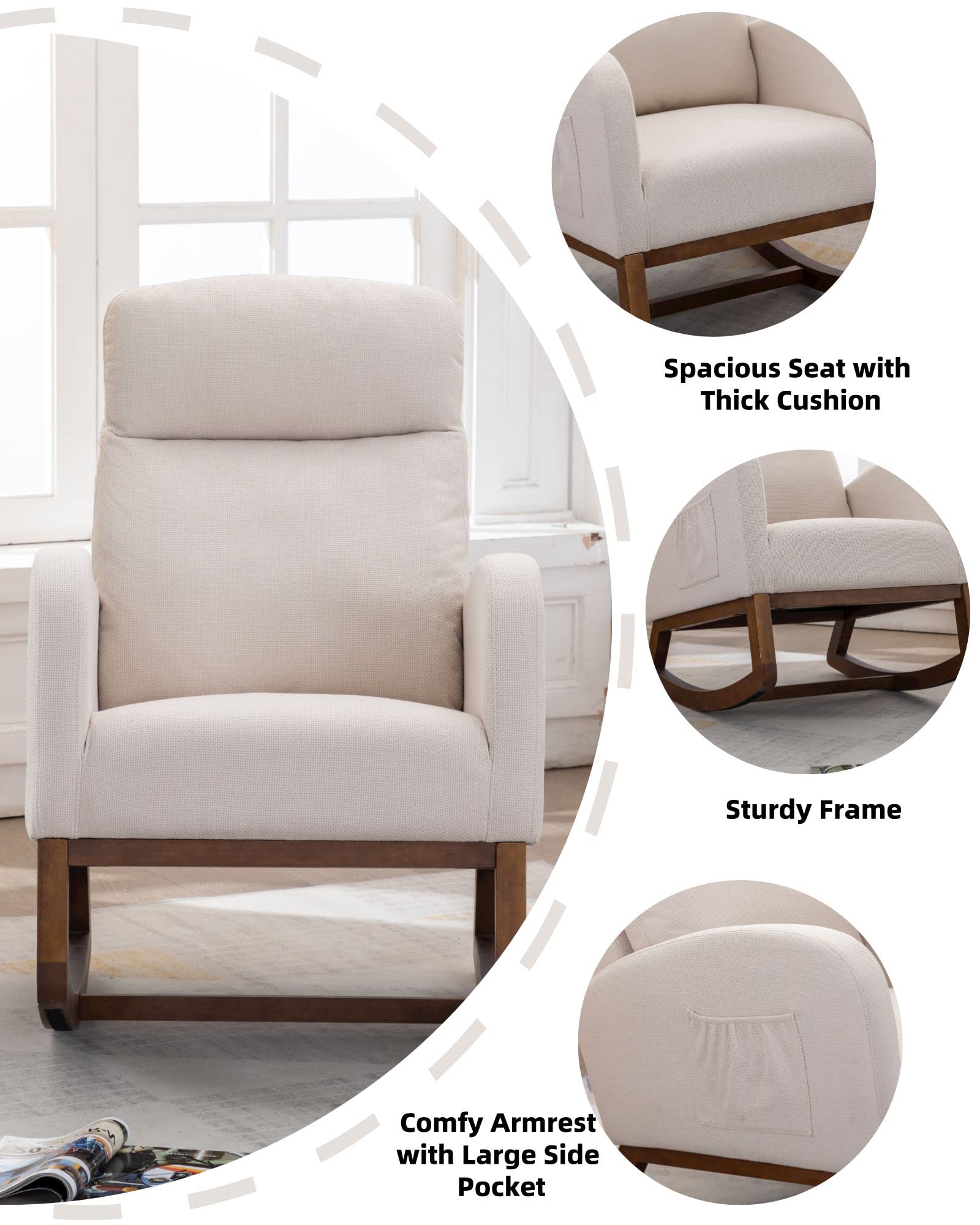Comfortable Upholstered Glider Rocking Chair for Nursery - Breathable Fabric, Beige | Perfect for Baby Nurseries, Bedrooms & Living Rooms