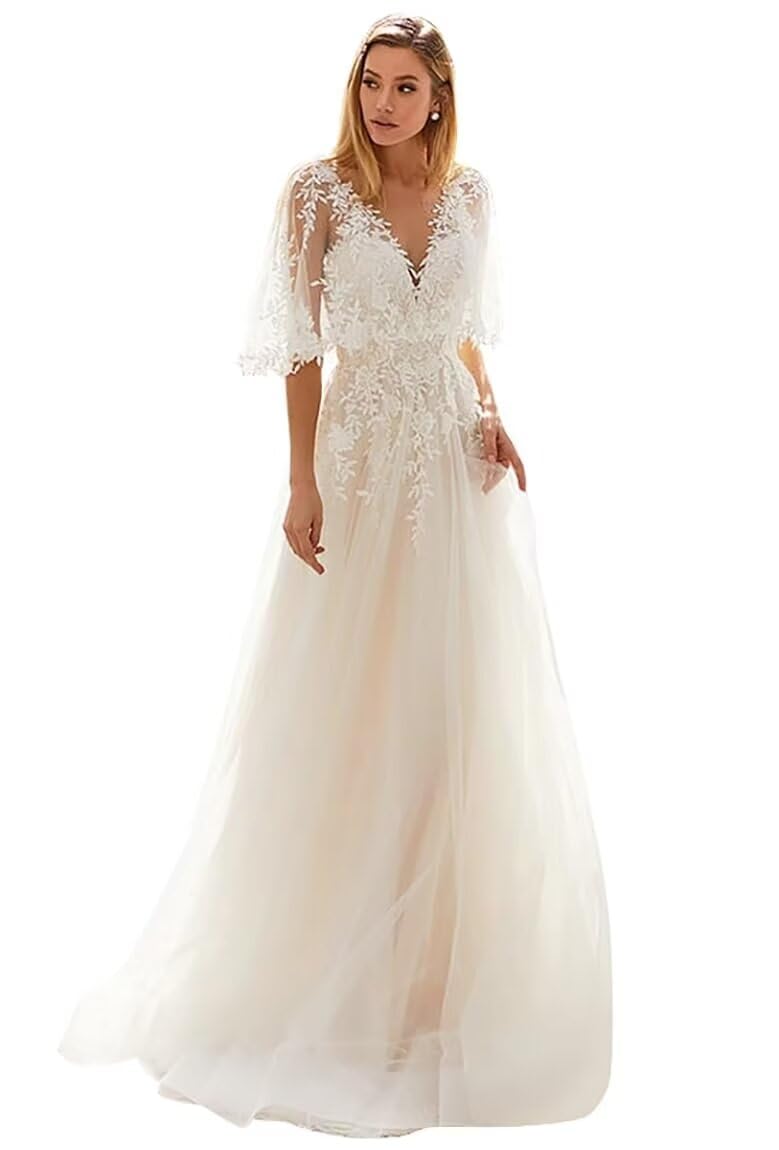 Elegant Tulle V-Neck Wedding Dress with Lace Sleeves Applique - Beach Bridal Gown for Women Bride | Perfect for Beach Weddings, Outdoor Ceremonies & Romantic Photoshoots