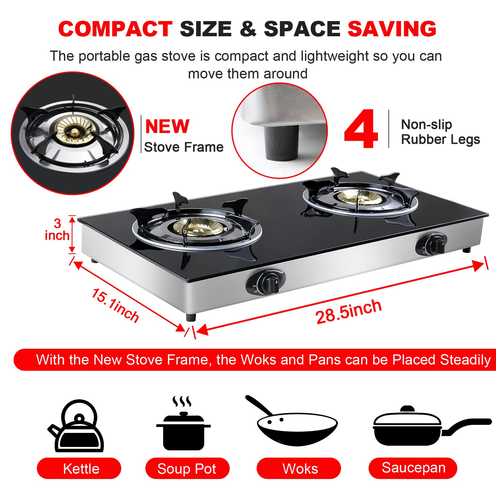 Portable 2-Burner Propane Gas Cooktop with Tempered Glass & Auto Ignition - LPG Camping Stove for RV, Apartments, Outdoor Cooking, Picnics & Backpacking