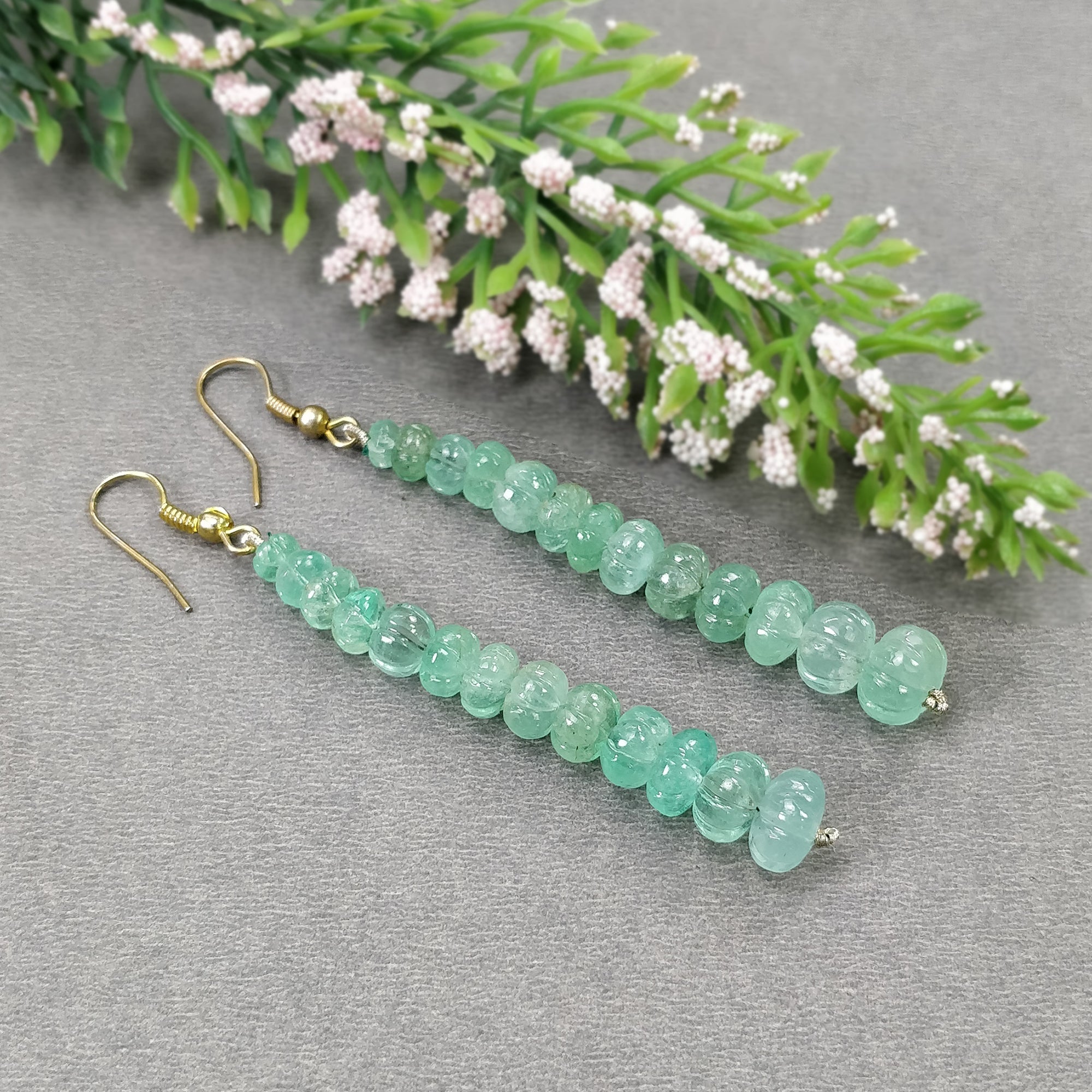 Natural Untreated Emerald Gemstone 925 Sterling Silver Beaded Hook Earrings | 43.50gms | Melon Beads Design | Elegant Jewelry for Women, Gift for Her, Wedding, Party & Special Occasions