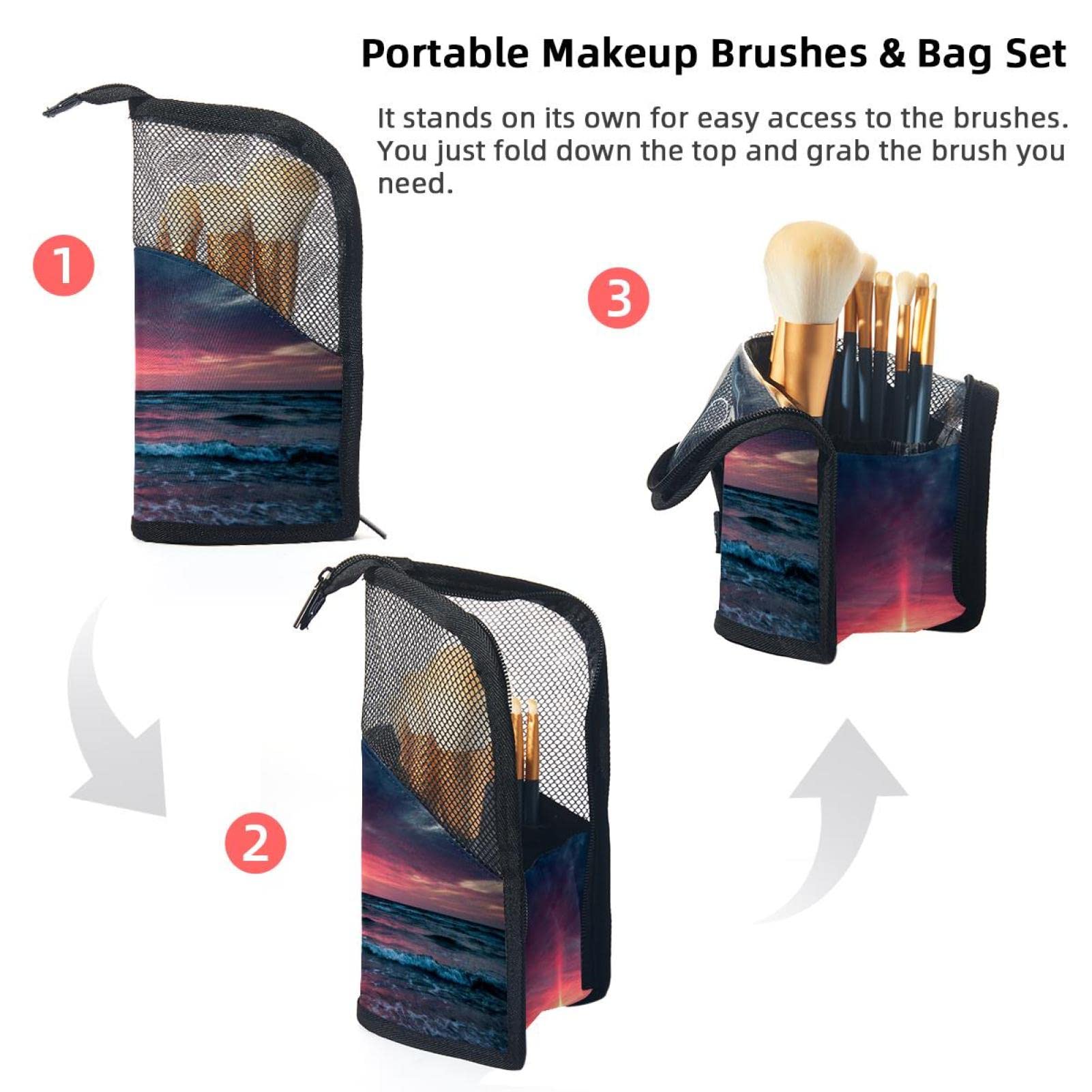 12-Piece Makeup Brush Organizer Bag - Portable Travel Cosmetic Brush Holder Case with Zipper, Pink Sea Sunset Design - Perfect for Beach Vacations, Daily Makeup Storage & On-The-Go Touch Ups