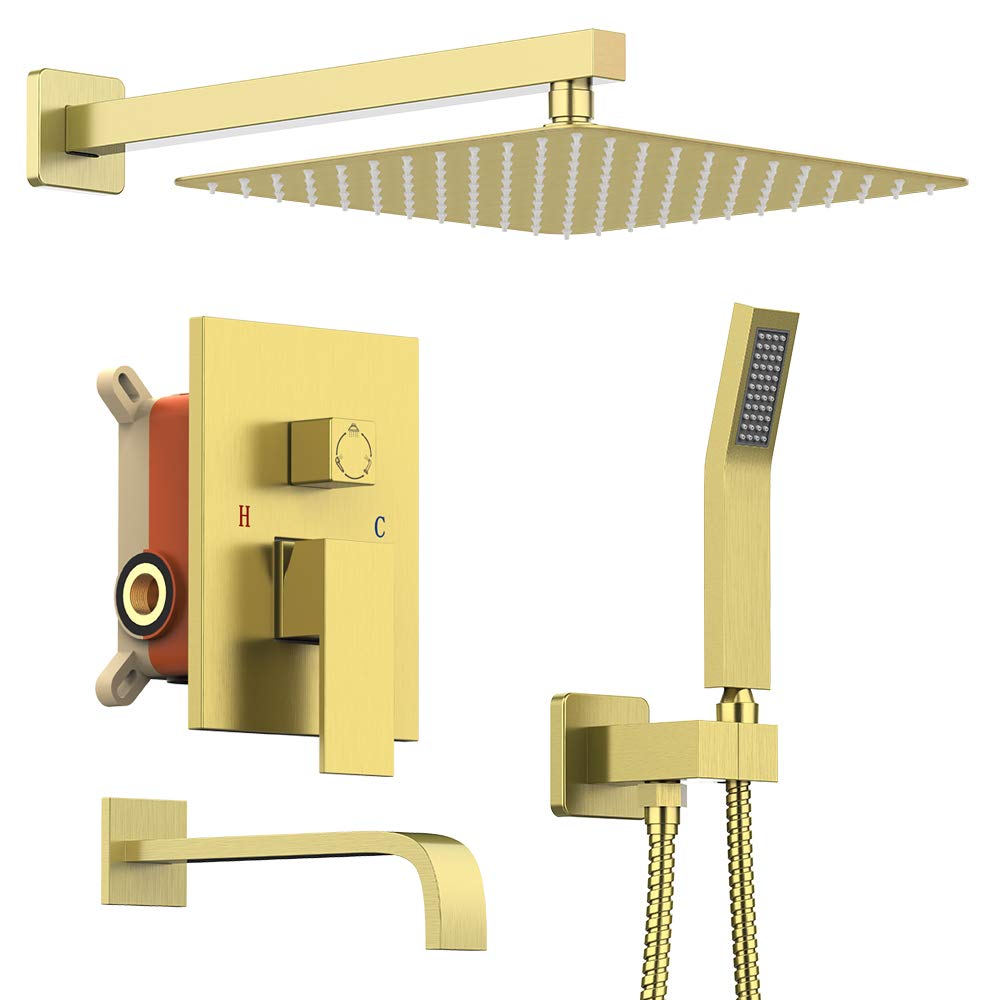 12 Inch High Pressure Rainfall Shower System Set - Brushed Gold Luxury Shower Head with Handheld Spray, Bathtub Faucet & Valve Trim Kit | Perfect for Modern Bathroom Renovation & Spa-Like Shower Experience