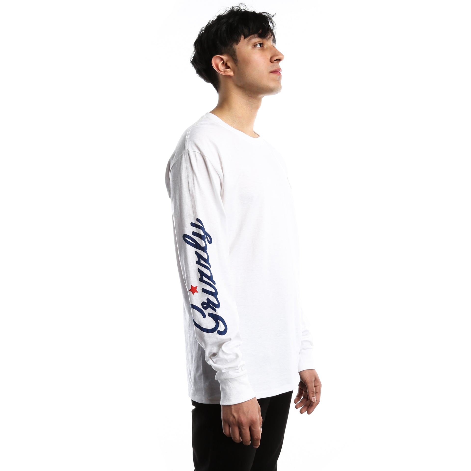Grizzly x Champion Behind The Arch Long Sleeve T-Shirt for Men - Soft Cotton Crewneck Tee - White Casual Shirt for Streetwear & Everyday Wear