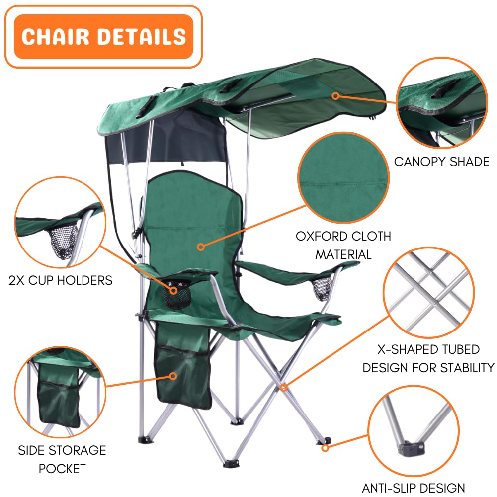 CozyBox Portable Folding Camping Chair with Canopy Shade - Heavy Duty 600D Oxford Fabric Beach Chair for Adults - Weather Resistant Outdoor Lounge Chair for Camping, Beach, Picnics & Backyard Relaxation [Green]