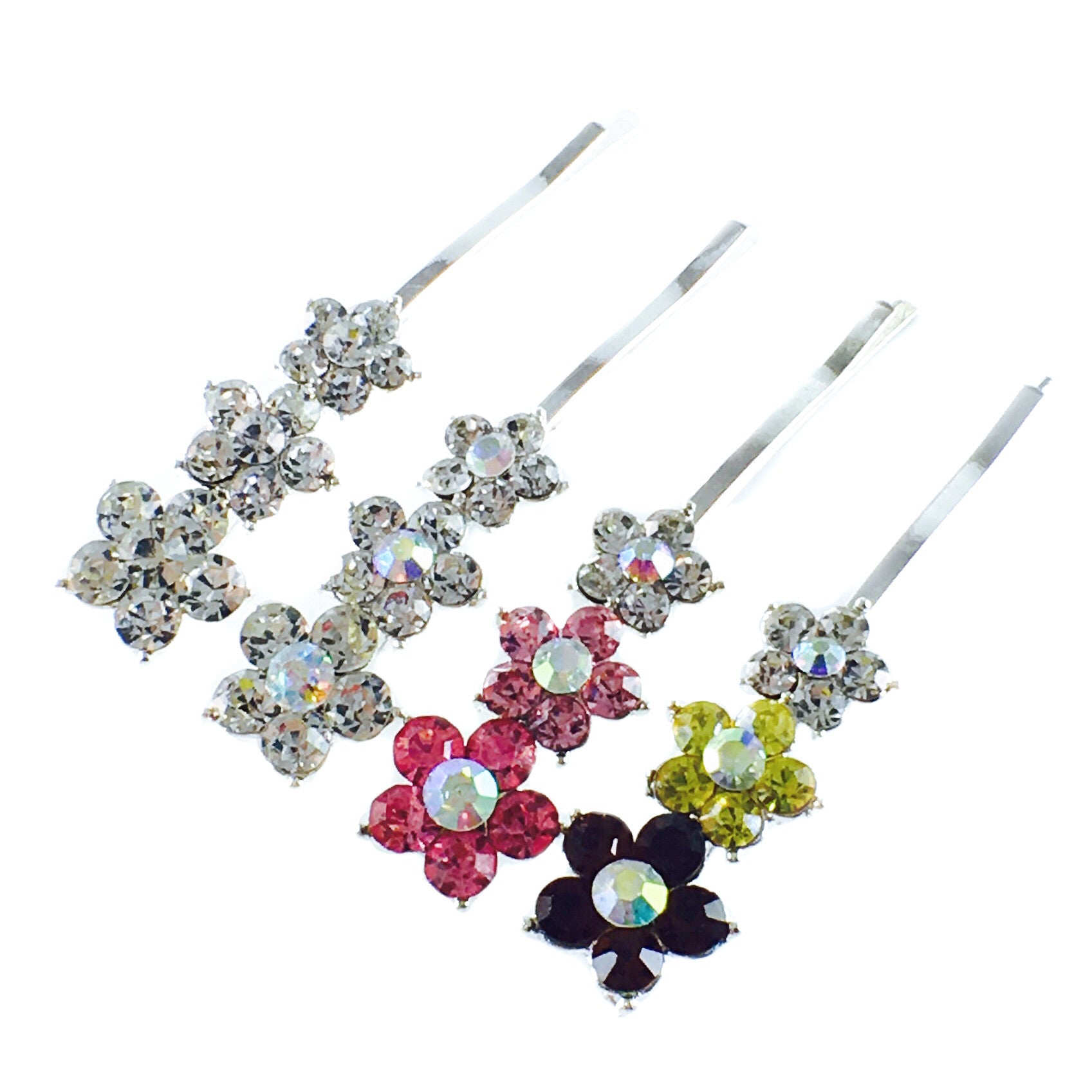 Rhinestone Crystal Flower Bobby Pin Set - 4 Elegant Colors for Hair Styling, Weddings & Special Occasions