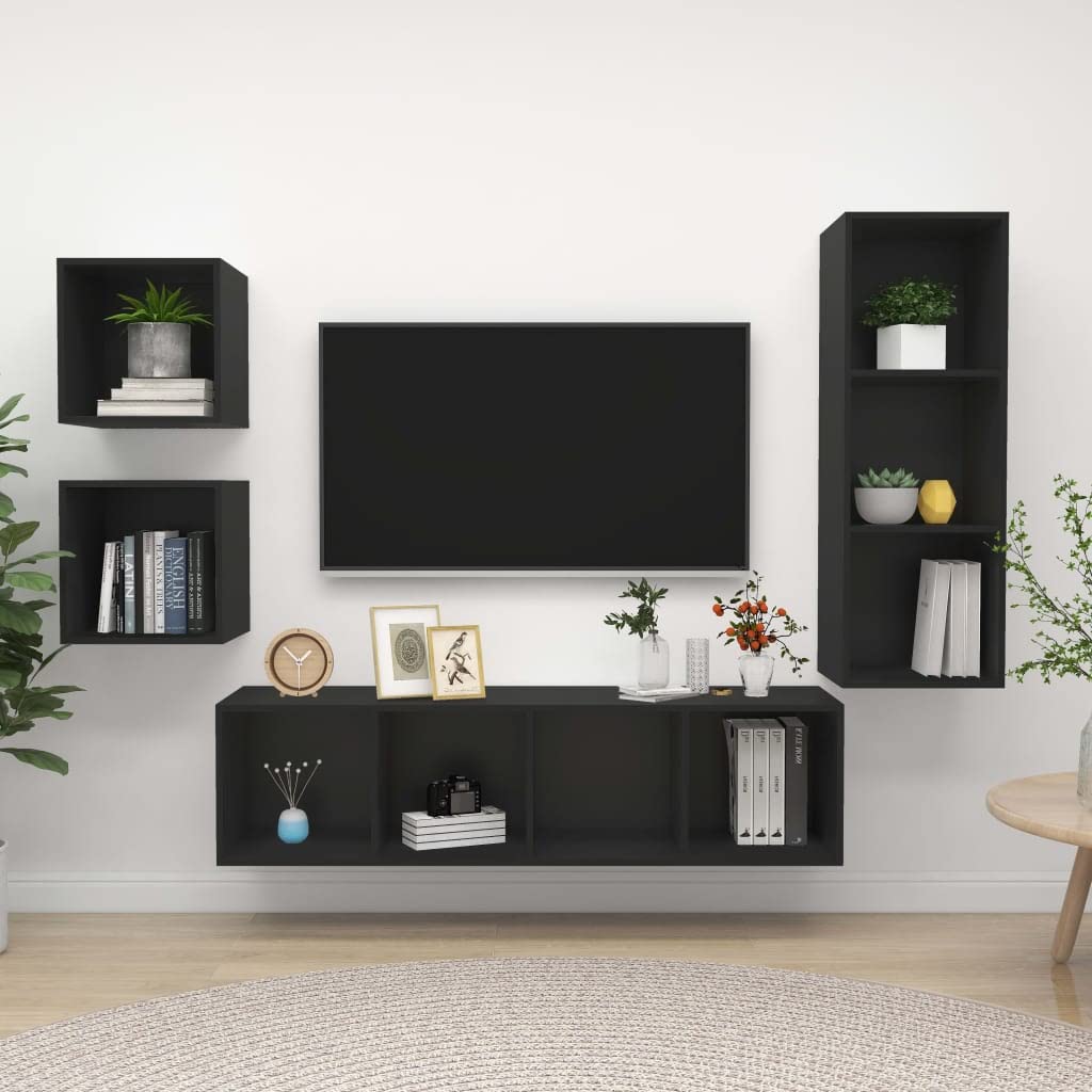 iFCOW 4-Piece TV Stand Set - Black Engineered Wood Media Console with Storage Shelves for Living Room, Bedroom & Home Theater Setup