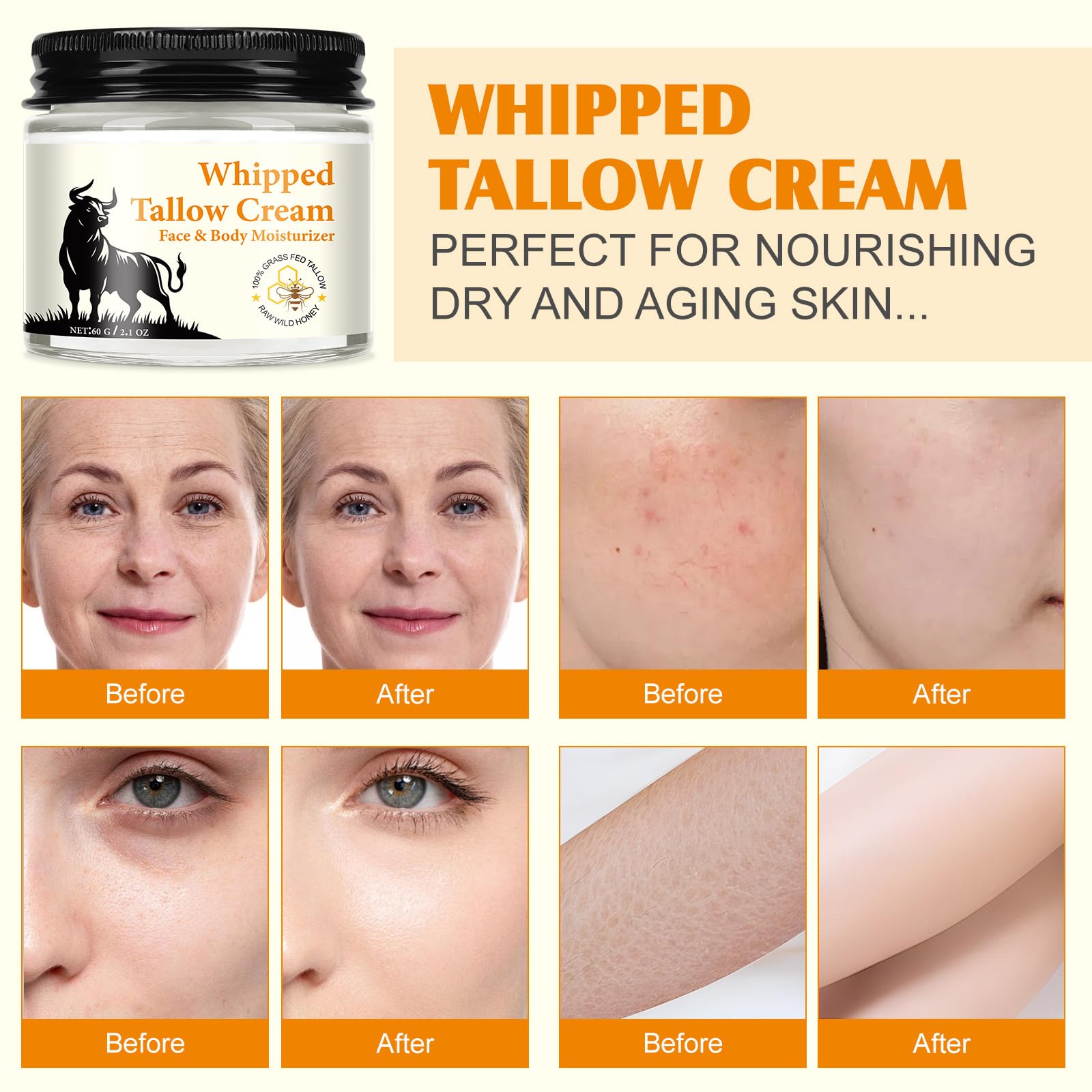 Organic Beef Tallow & Honey Balm - 2oz Face Moisturizer for Dry Skin Care