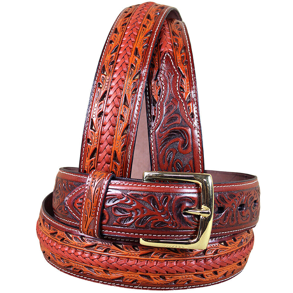 42 Inch 3D Brown Floral Men's Fashion Leather Belt with Removable Buckle - Stylish Accessory for Casual & Formal Outfits