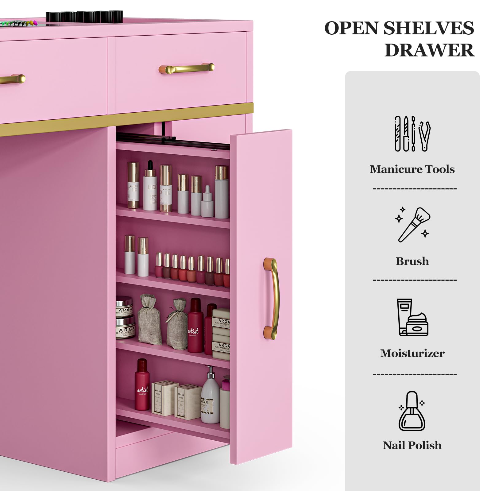 Premium Nail Salon Table with Electric Downdraft Ventilation - Paddie Glass Top Manicure Station with 3-Tier Open Shelves, Golden Handles & Drawers, Arm Rest - Perfect for Professional Nail Technicians & Home Beauty Salons (Pink)