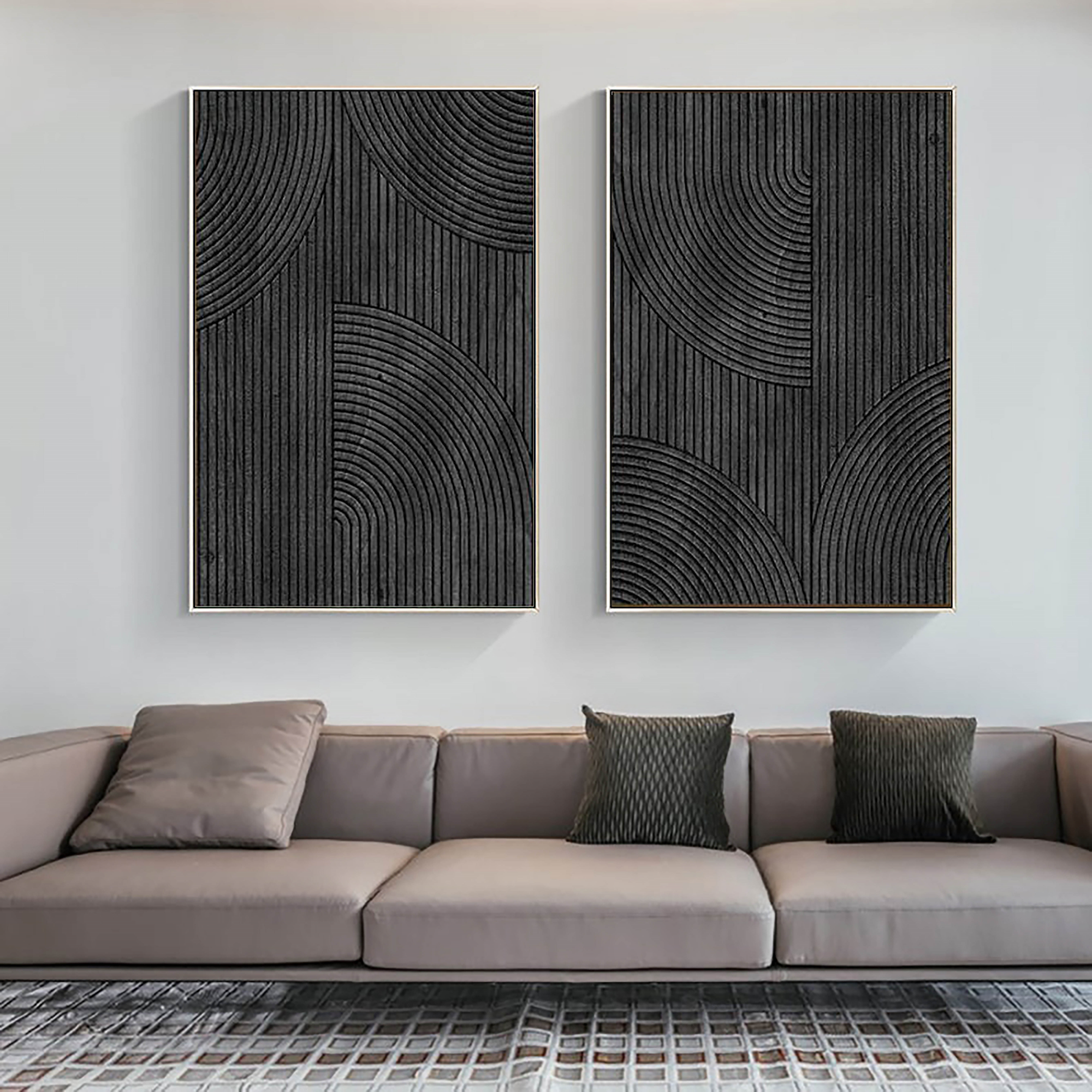 Modern Black Minimalist Textured Abstract Paintings - Set of 2 Canvas Wall Art for Living Room, Bedroom & Office Decor | Ready to Hang