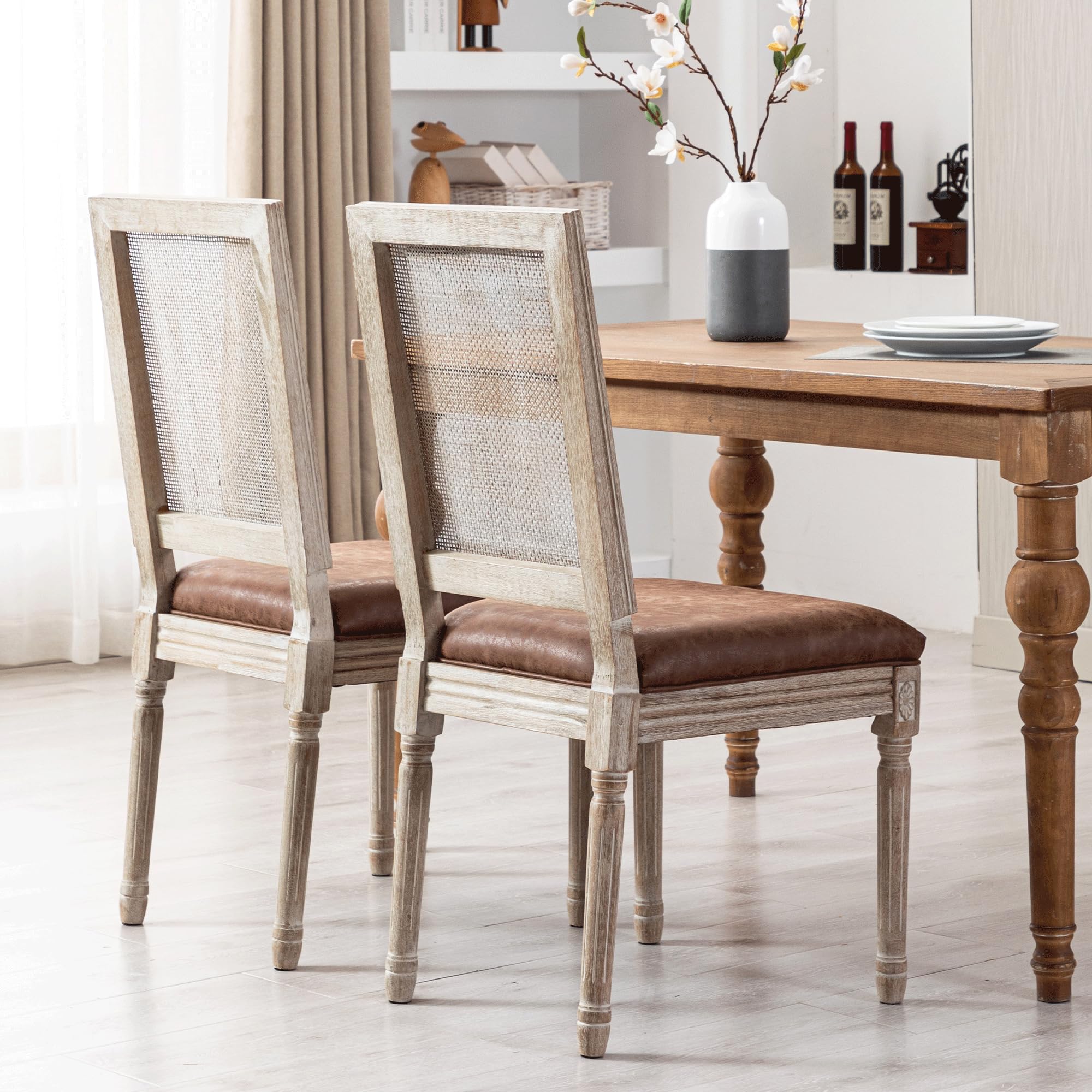 2 Pack Faux Leather Dining Chairs Set - Modern Farmhouse Kitchen Chairs with Rattan Back, French Country Parsons Accent Side Chairs for Living Room, Restaurant, Cafe & Home Decor (Brown) - Perfect for Dining Rooms, Kitchen Islands & Bistro Settings
