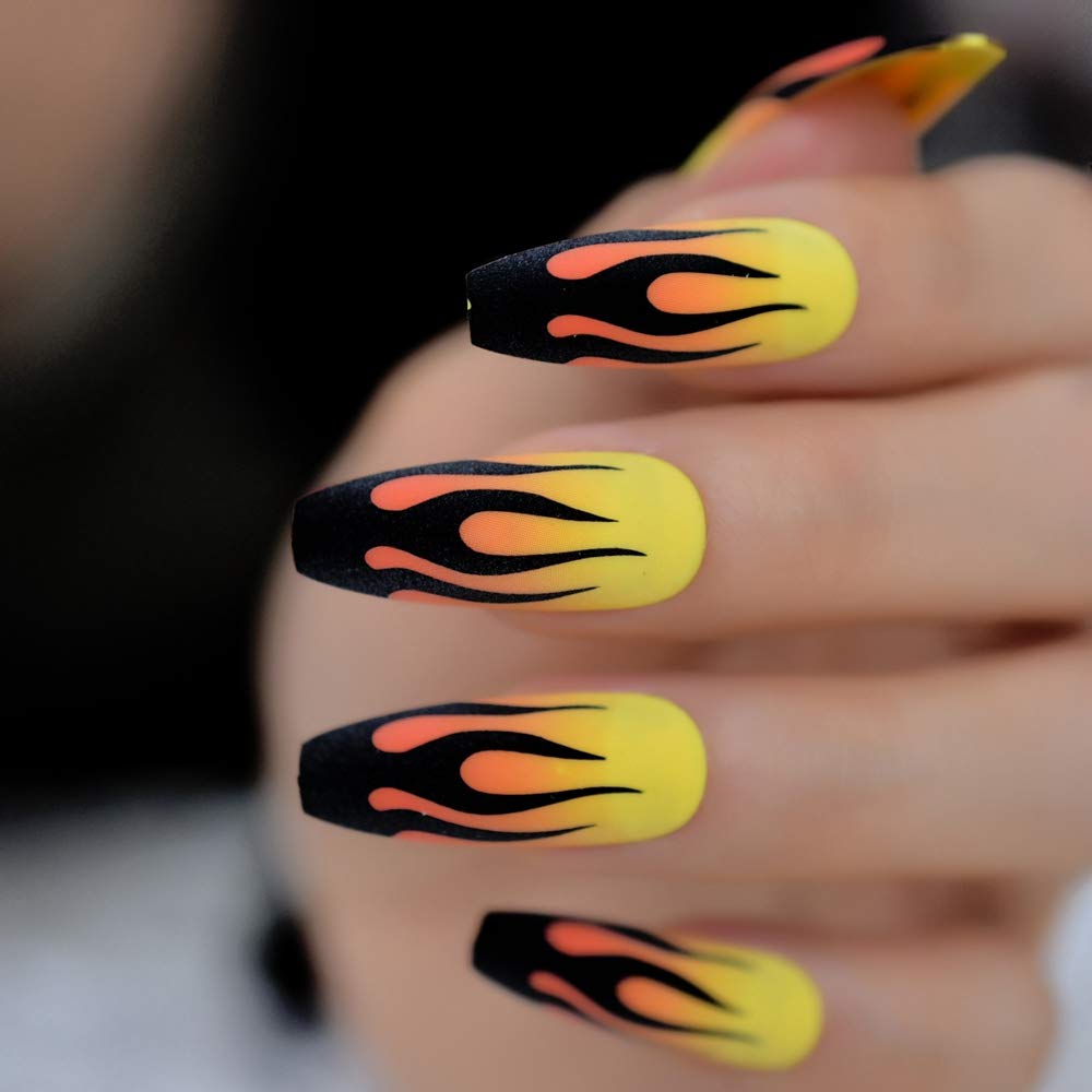 CoolNail Fire Matte Black & Yellow Press-On False Nails - Extra Long Coffin Ballerina Style with Frosted Finish & Free Adhesive Tabs - Perfect for Parties, Weddings, and Special Occasions