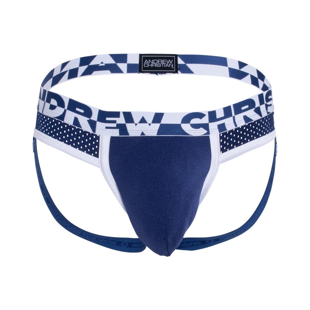 Andrew Christian ALMOST NAKED® Sports Mesh Jock Strap - Breathable Support Underwear for Men, Navy Blue, Large Size - Perfect for Gym, Running & Athletic Activities
