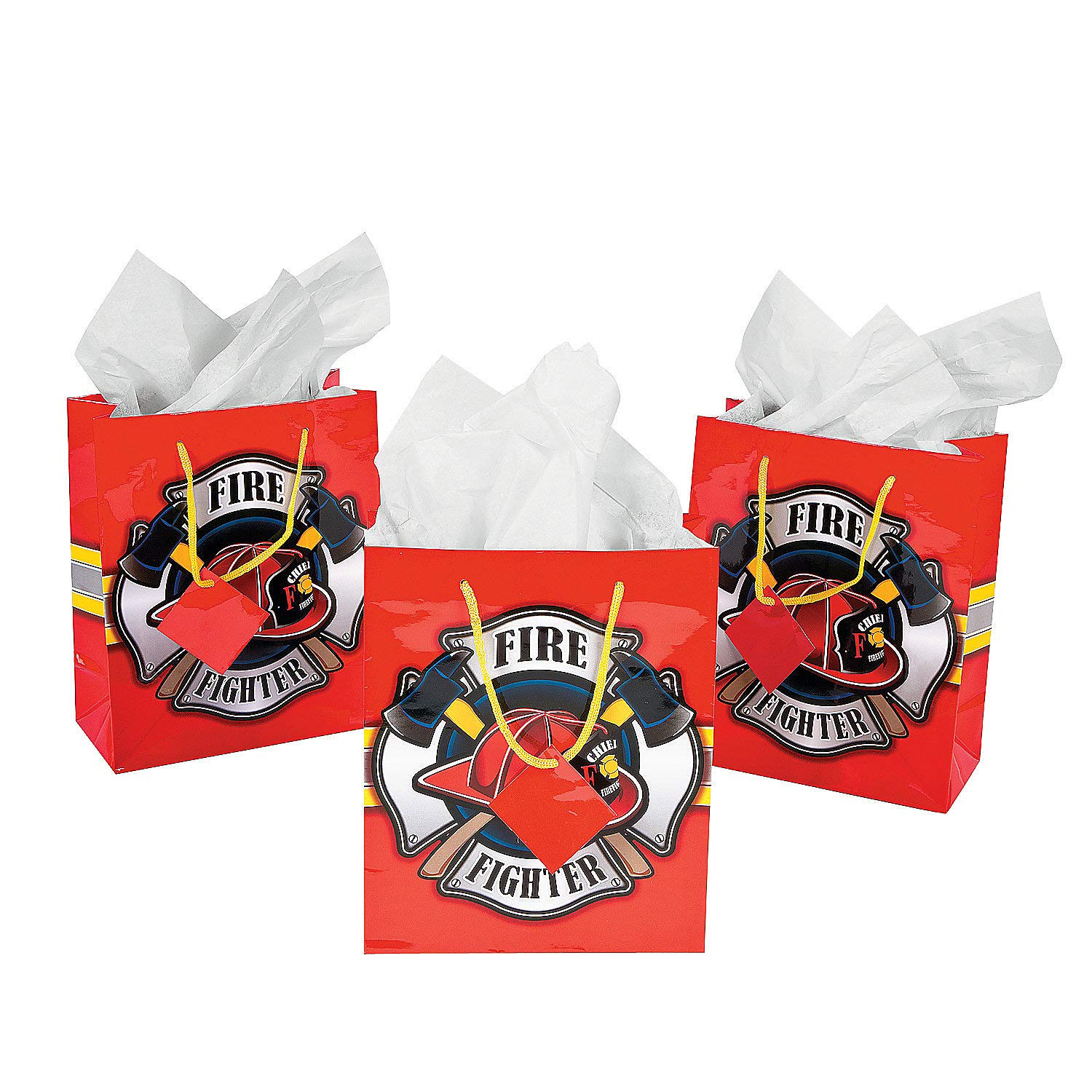Fun Express Firefighter Gift Favor Bags with Tags - Set of 12 for Firemen Themed Parties | Perfect for Birthday Celebrations, Fire Safety Events & First Responder Appreciation Gifts