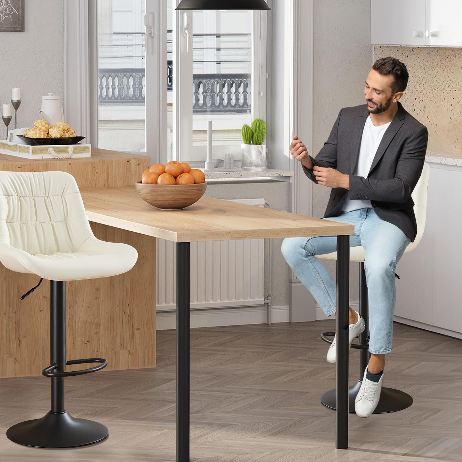 Modern Adjustable Swivel Bar Stools Set of 2 - High Back Faux Leather Counter Height Barstools, Upholstered Kitchen Island Chairs for Home Bar, Restaurant & Cafe (Beige) - Perfect for Entertaining, Dining & Small Space Decor