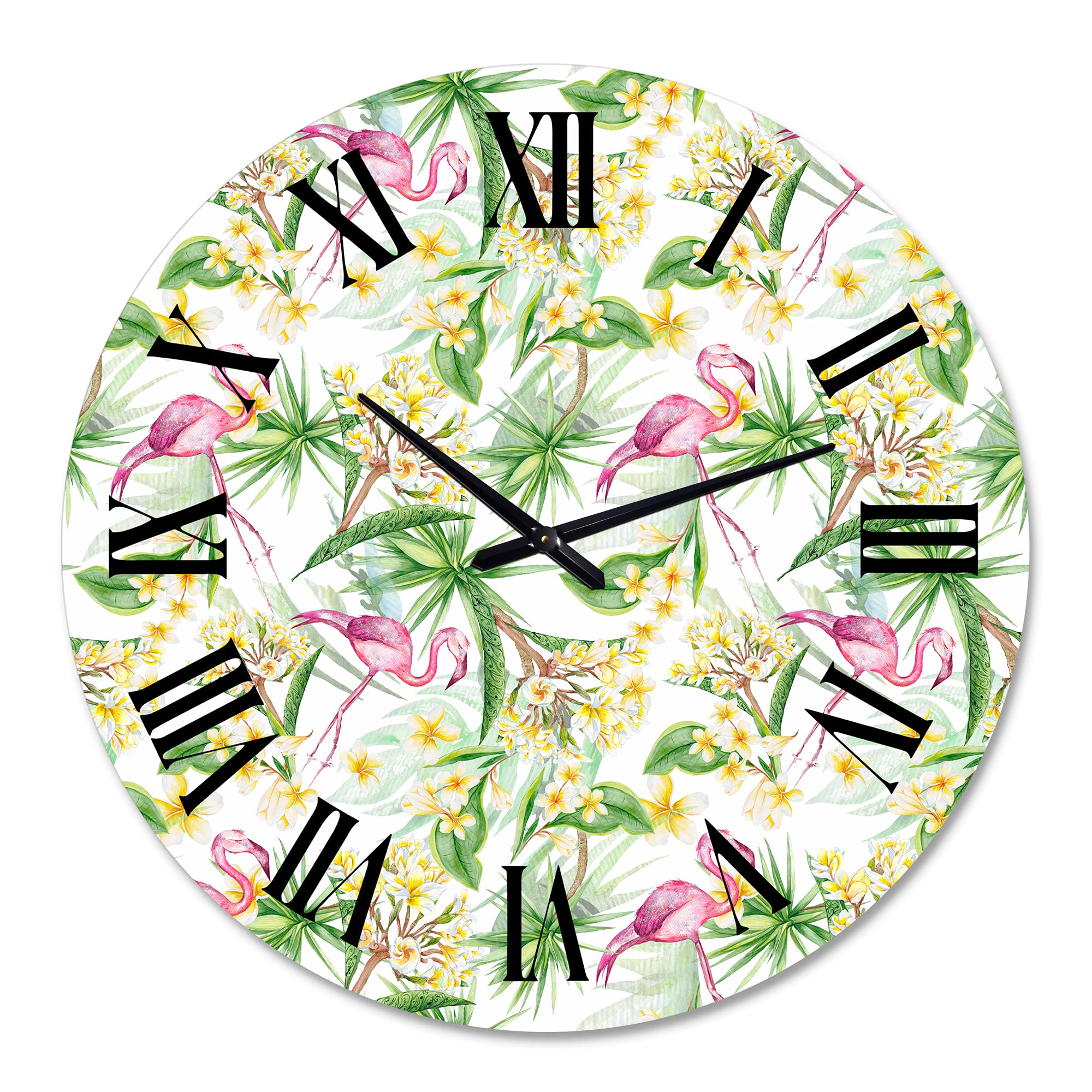 DesignQ Modern Wall Clock 'Tropical Foliage with Yellow Flowers & Flamingo' - Large Floral Botanical Wall Clock for Kitchen, Living Room, Bedroom Decor | Perfect for Home, Office & Farmhouse Style Spaces