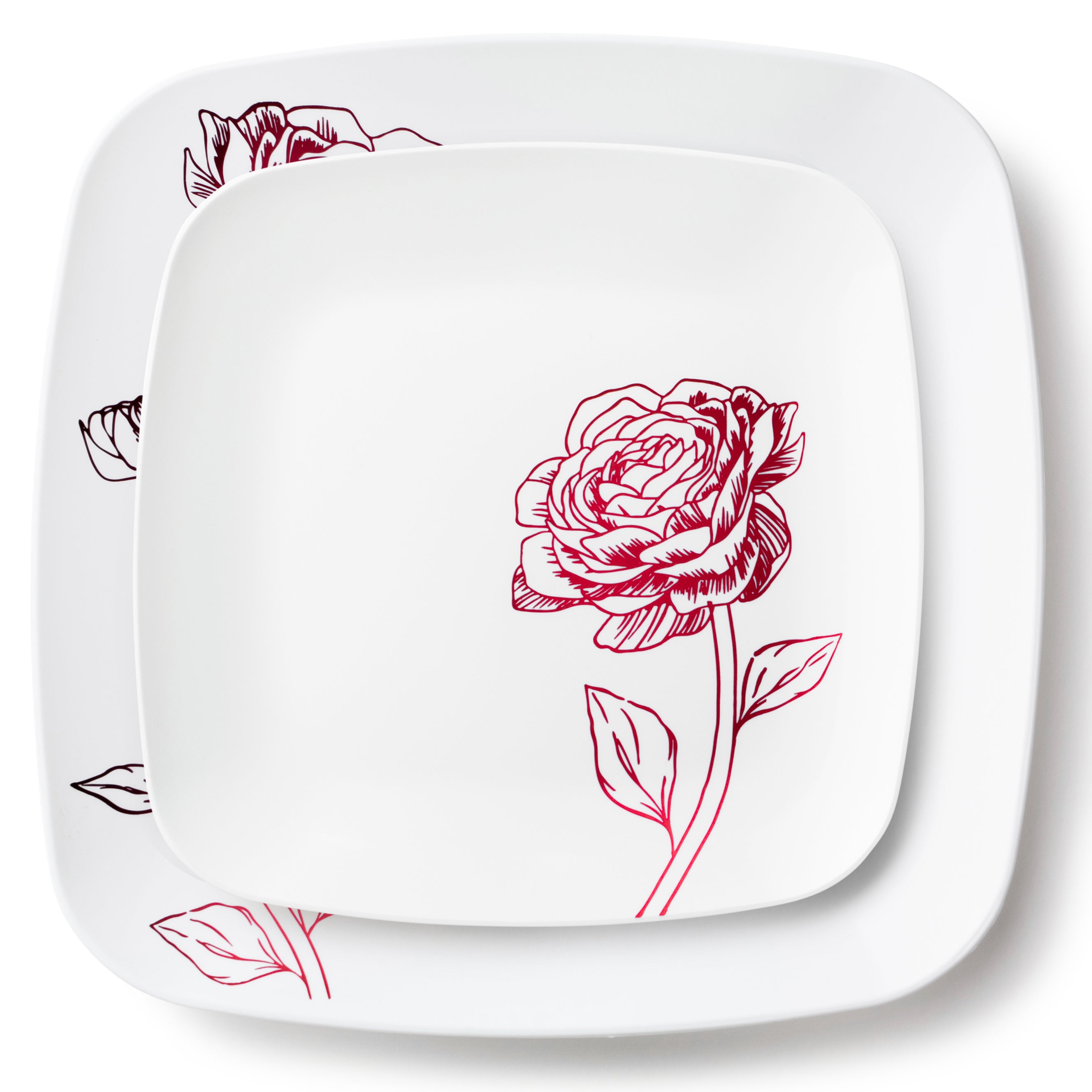 32-Piece White & Burgundy Square Plastic Dinnerware Set - 16 Place Settings - Durable Melamine Plates, Bowls & Cups - Perfect for Outdoor Picnics, BBQs, Parties & Casual Dining