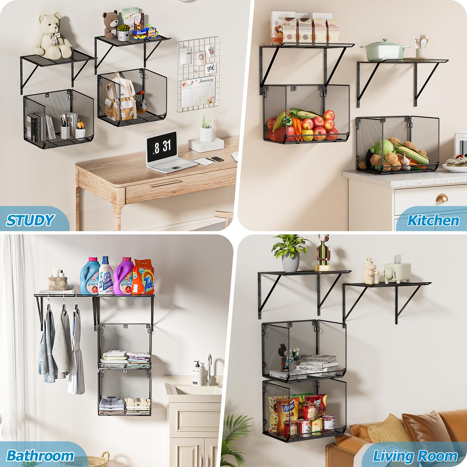 2 Pack Wall Mounted Laundry Shelves with Wire Mesh Basket - Over Washer & Dryer Storage Organizer - Space Saving Clothes Drying Rack (Black) - Perfect for Small Laundry Rooms & Apartment Organization