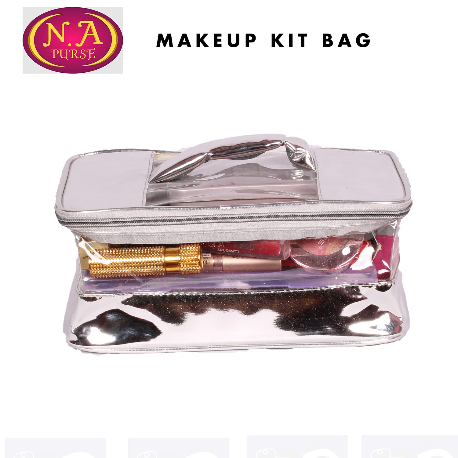 Silver Makeup Box & Cosmetic Bag for Women - N A PURSE Travel Organizer with Mirror (ADS S1 Silver 01) - Perfect for Travel, Bridal, and Everyday Makeup Storage