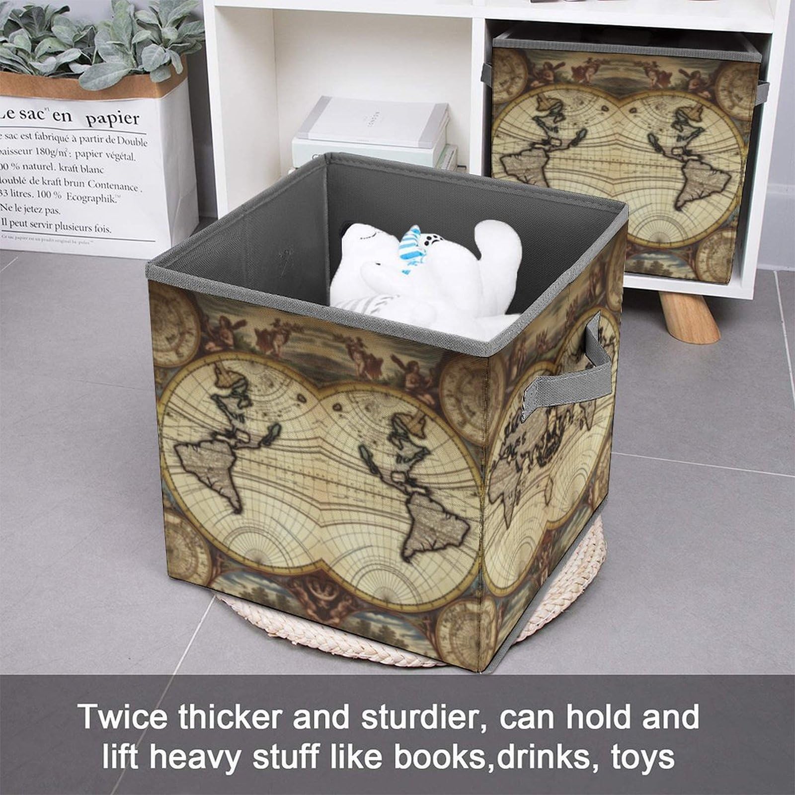 Collapsible Storage Cubes with Handles - 10.6×10.6 Inch Foldable Fabric Bins with Ancient World Map Print for Home Organization | Perfect for Closet, Nursery, Office & Toy Storage