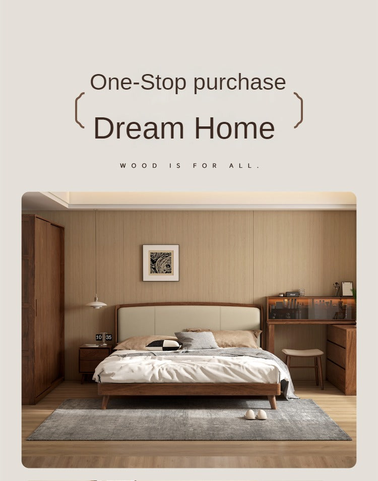 Premium Black Walnut Solid Wood Leather Bed Frame - Luxury Bedroom Furniture Set for Master Bedroom & Guest Room Decor
