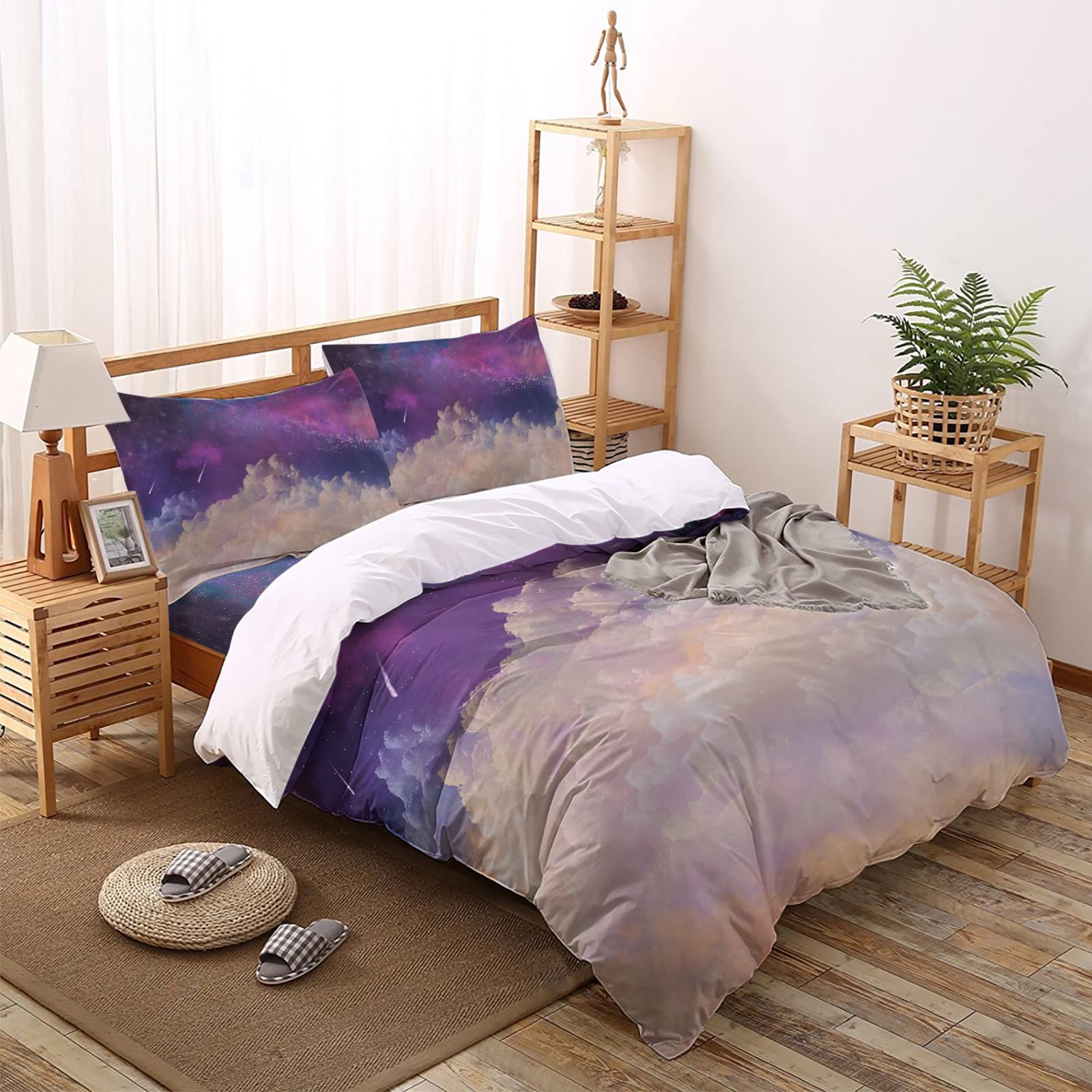 **Cal King Duvet Cover Set - Purple Starry Sky 4-Piece Bedding, Lightweight Microfiber Soft Comforter Cover for Adults & Teens, White Cloud Night Sky Design - Perfect for Cozy Bedrooms & Guest Rooms**