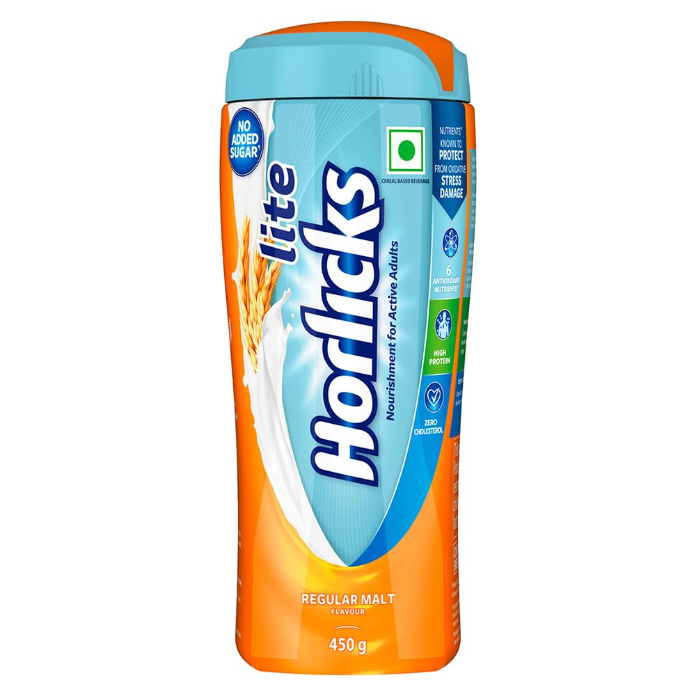 Horlicks Lite 450g - High Protein Malt Drink for Adults | Zero Added Sugar | Scientifically Formulated Nutrition | Perfect for Breakfast, Post-Workout & Nighttime Relaxation