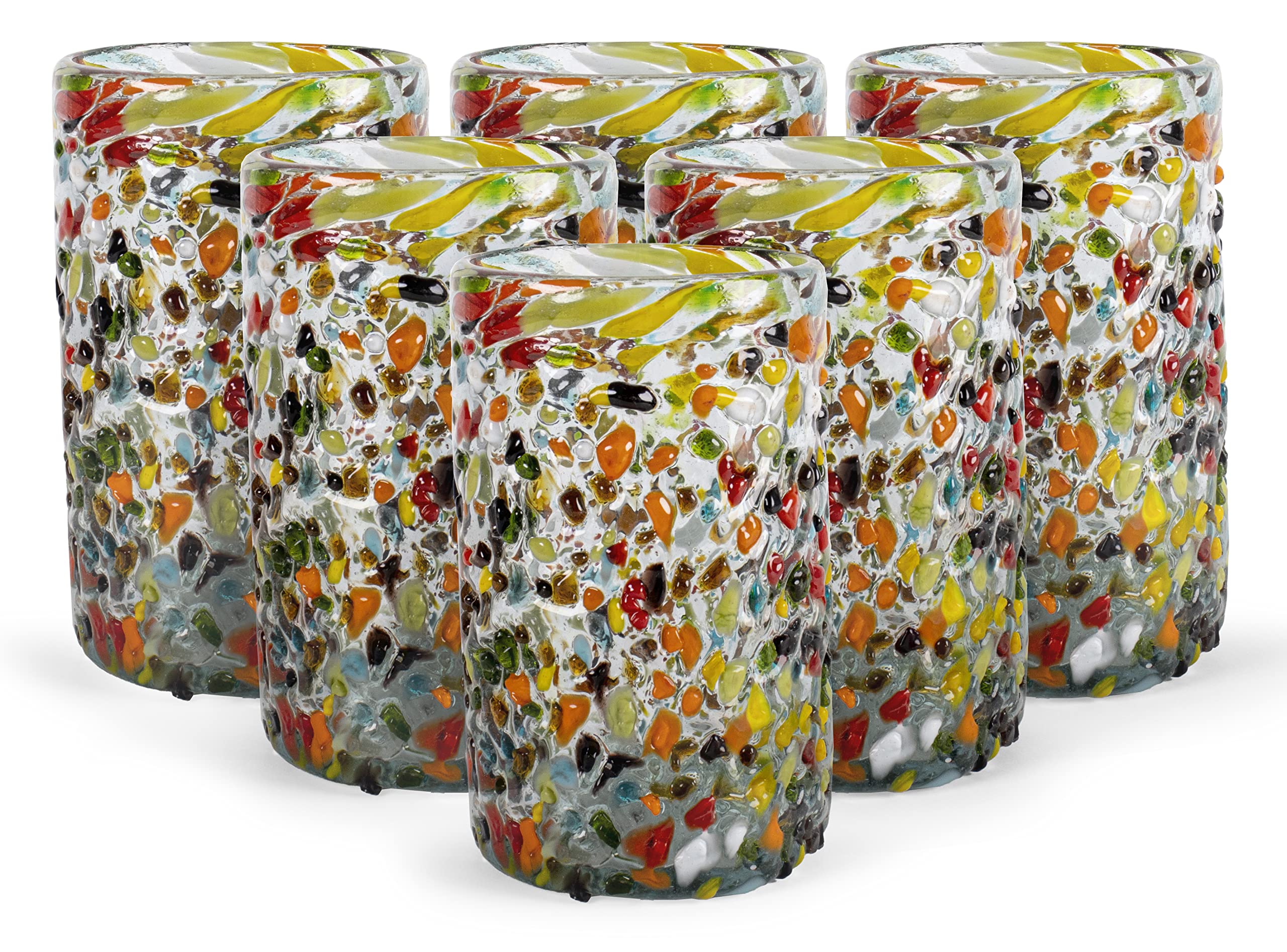 Hand Blown Mexican Confetti Drinking Glasses - Set of 6 Colorful 14oz Rock Tumbler Glasses for Margaritas, Cocktails & Party Decor | Traditional Mexican Glassware for Cinco de Mayo, Weddings & Festive Celebrations