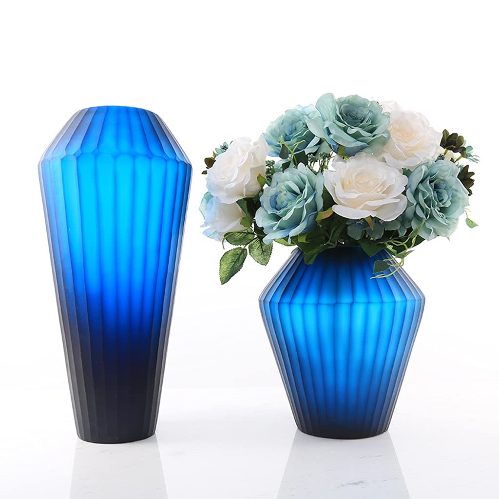 Luxury Blue Carved Glass Vase - Elegant Home Decor for Living Room, Desktop Flower Arrangement, Hotel Decoration | Vertical Pattern Design, Perfect for Weddings, Dining Tables & Centerpieces (Size A)