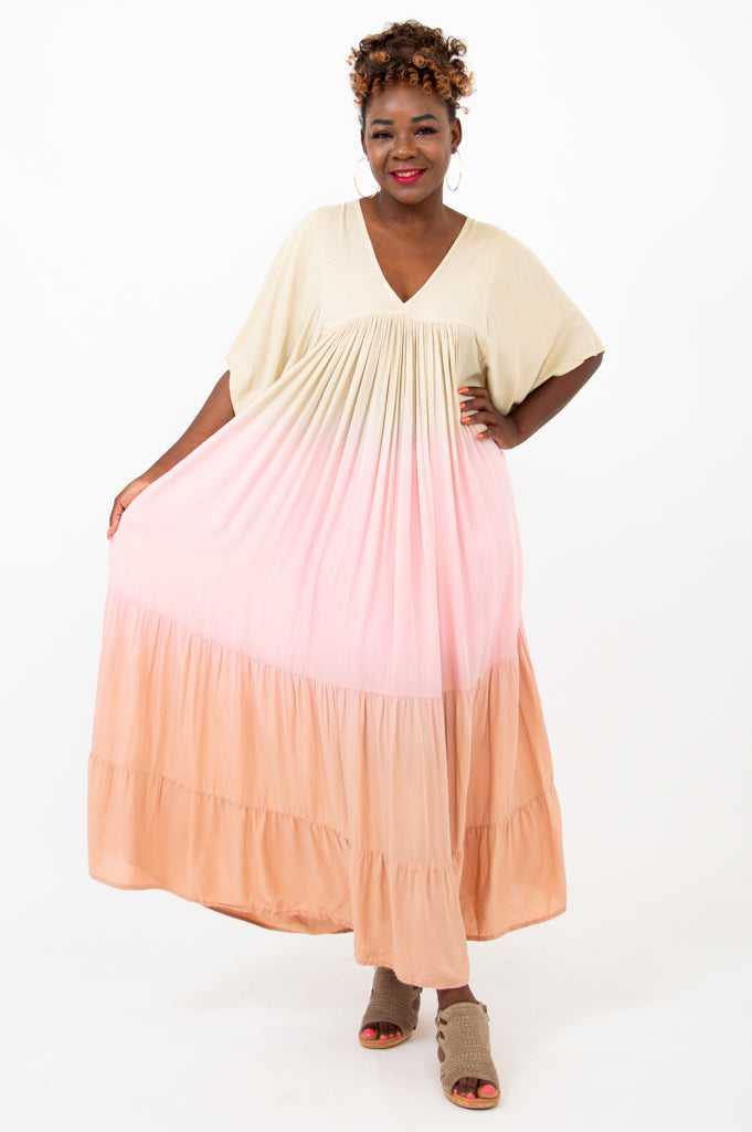 Empress Dress - Tan Dip Dye Maxi Dress for Women | Boho Chic Summer Dress for Beach, Wedding & Special Occasions