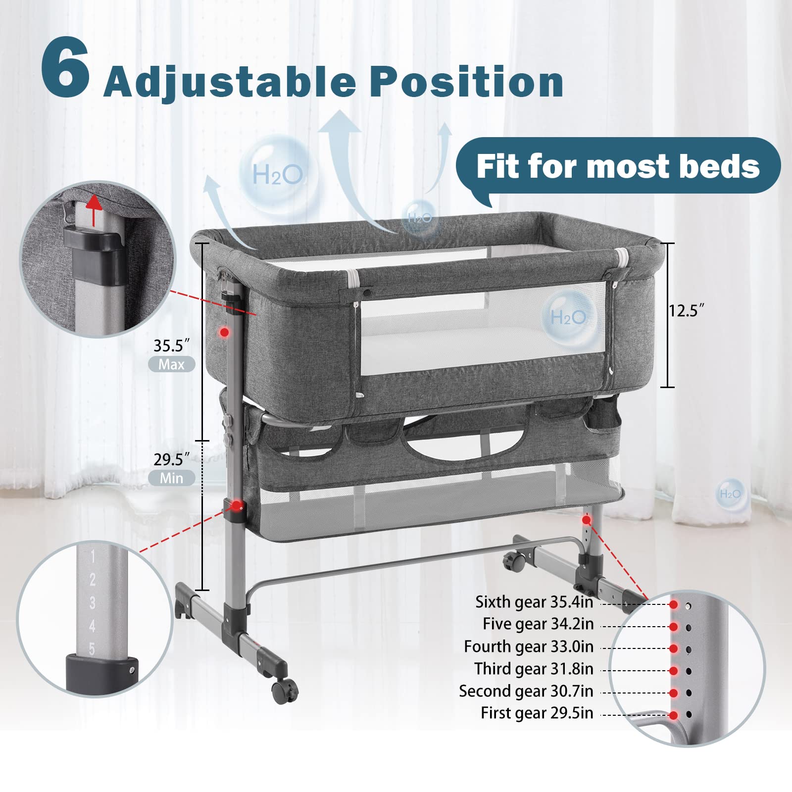 Ihoming Portable Baby Bassinet Bedside Sleeper - Adjustable Newborn Crib with Storage Basket & Easy Folding Design, Gray | Perfect for Nursery, Bedroom Co-Sleeping & Travel Use