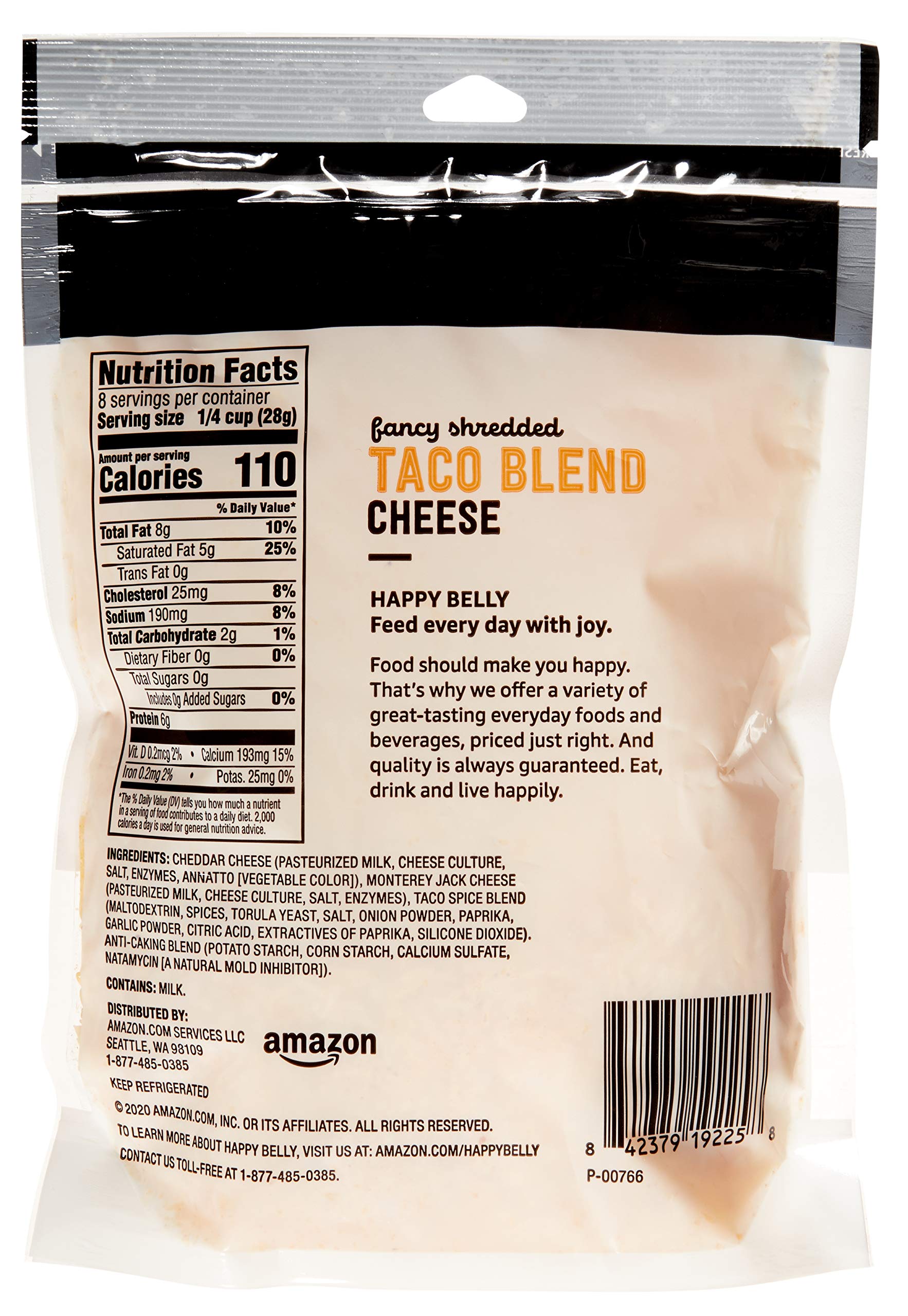 Happy Belly Taco Cheese Blend - Shredded Mexican Style Cheese for Tacos, Nachos & Burritos - 8 Oz Resealable Bag - Perfect for Family Dinners & Party Snacks