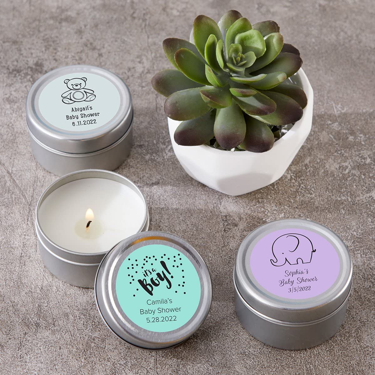 Kate Aspen Personalized Travel Candle Tin - 72PCS Custom Baby Shower Favors with Round Sticker Design - Perfect for Baby Showers, Bridal Showers & Wedding Decor Gifts