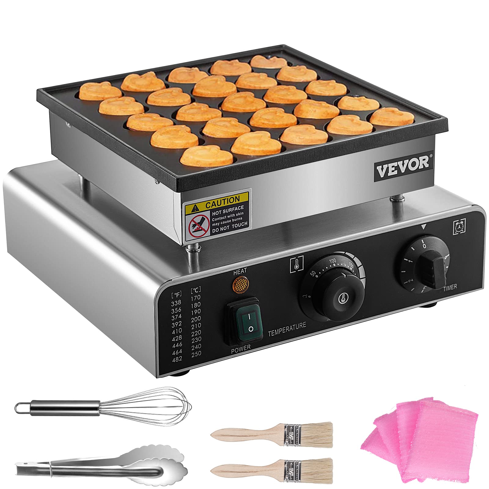 VEVOR 850W Electric Mini Dutch Pancake Maker - Heart-Shaped Commercial Proffertjes Muffin Waffle Machine, 25PCs Capacity, 110V for Kitchen, Bakery, Snack Bar | Perfect for Breakfast, Brunch, Desserts & Party Food Preparation