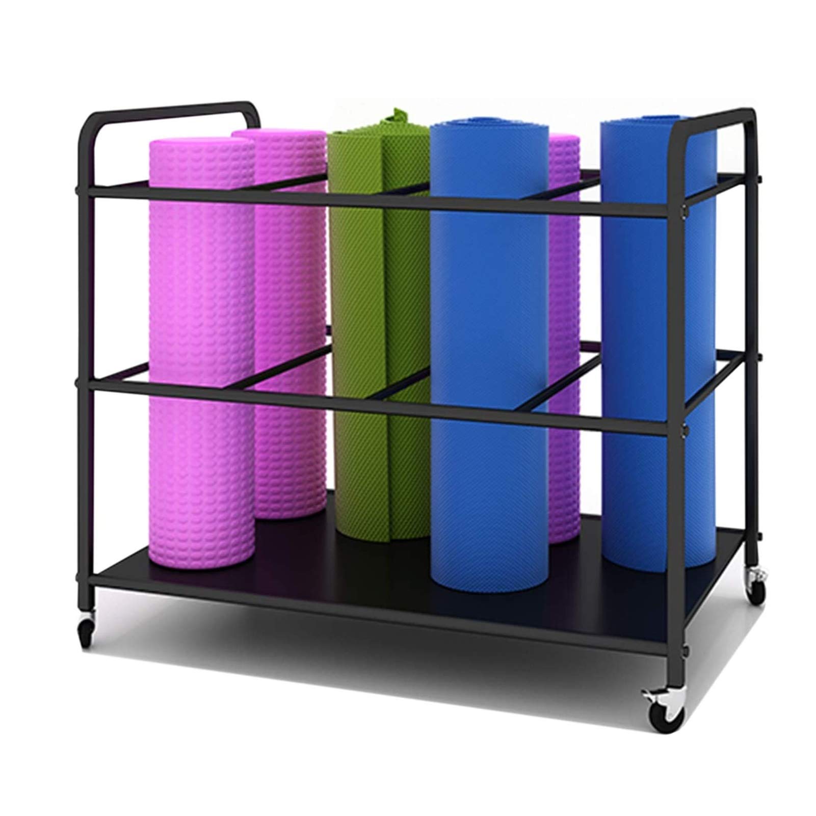 Premium Large Yoga Mat Storage Rack - Holds 12 Mats, Heavy-Duty Metal Yoga Mat Holder Stand with Wheels for Pilates Mats & Foam Rollers (Black) - Perfect for Yoga Studios, Gyms & Home Workout Spaces