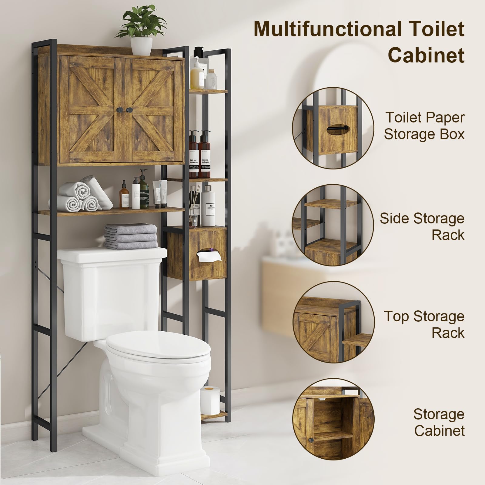 Over The Toilet Storage Cabinet with 2 Doors - Multi Layer Shelves & Waterproof Feet - Bathroom Organizer for Toilet Paper, Towels & Essentials - Perfect for Small Spaces, Laundry Room & Apartment Bathrooms