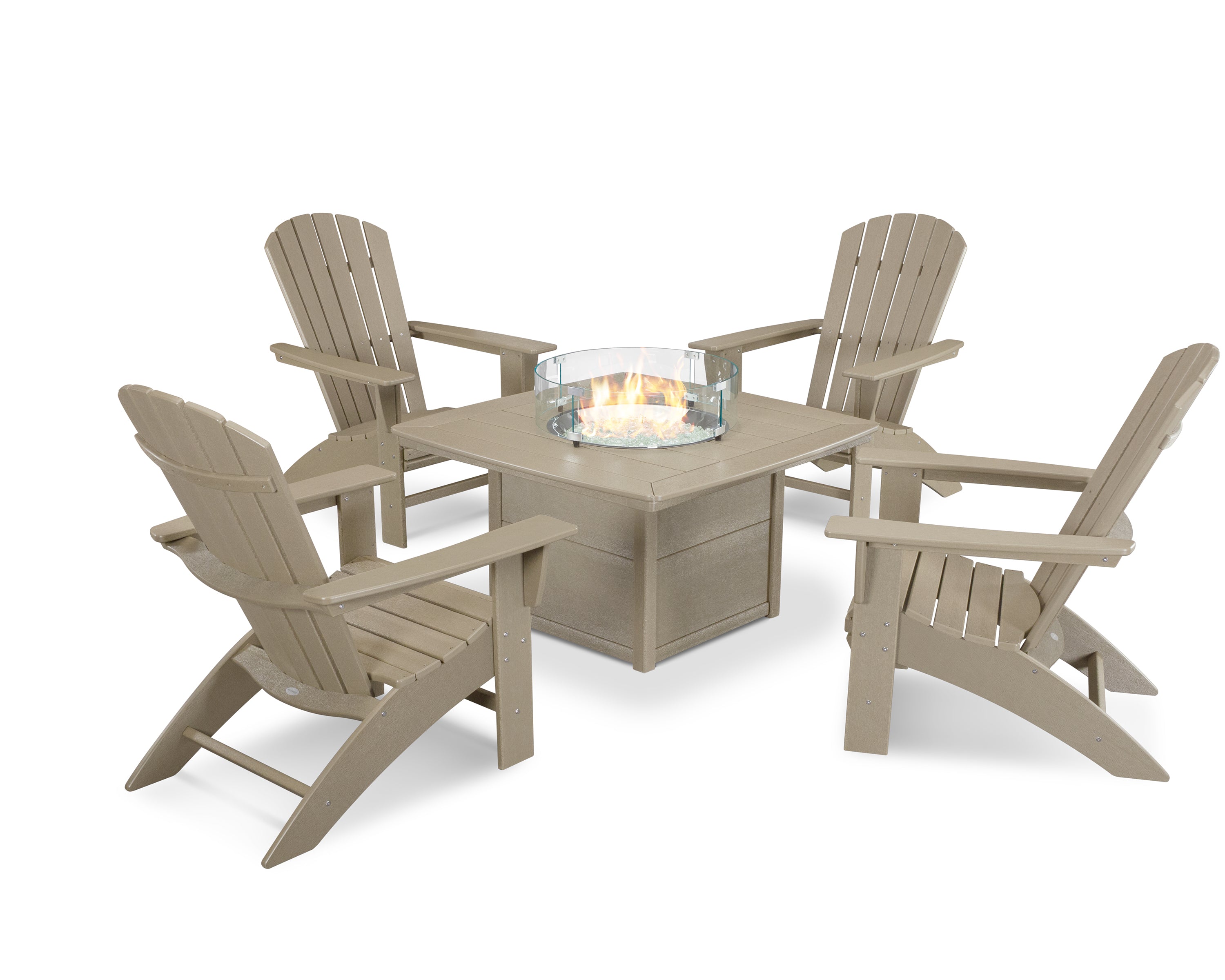 POLYWOOD Nautical Curveback Adirondack 5-Piece Outdoor Conversation Set with Fire Pit Table - Perfect for Patio, Deck, Poolside & Backyard Relaxation